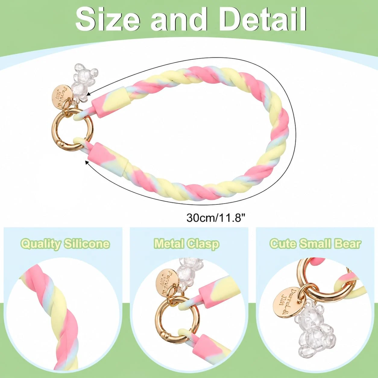 DL3 Mobilak Silicone Crystal Lanyard, 30cm Phone Wrist Strap Lanyard Keychain Office Wrist Strap with Clasp and Bear for Women Phone ID Card, Keys Strap - Pink/Yellow Gradient