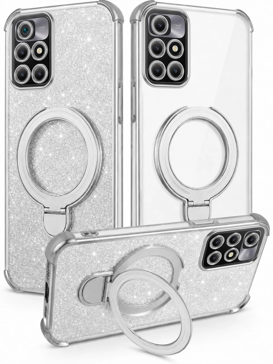 MOBIGON Glitter Phone Case with Magnetic Ring Stand for Xiaomi Redmi 10 4G (2021/2022), Silver