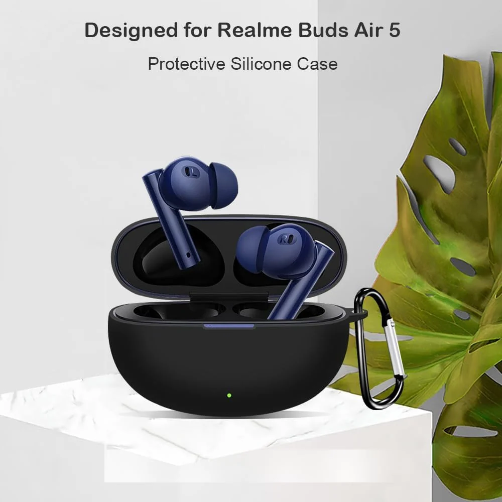 DL3 Mobilak Silicone Cover Case Compatible with realme Buds Air 5 Portable Protective Case Cover With Keychain - Black