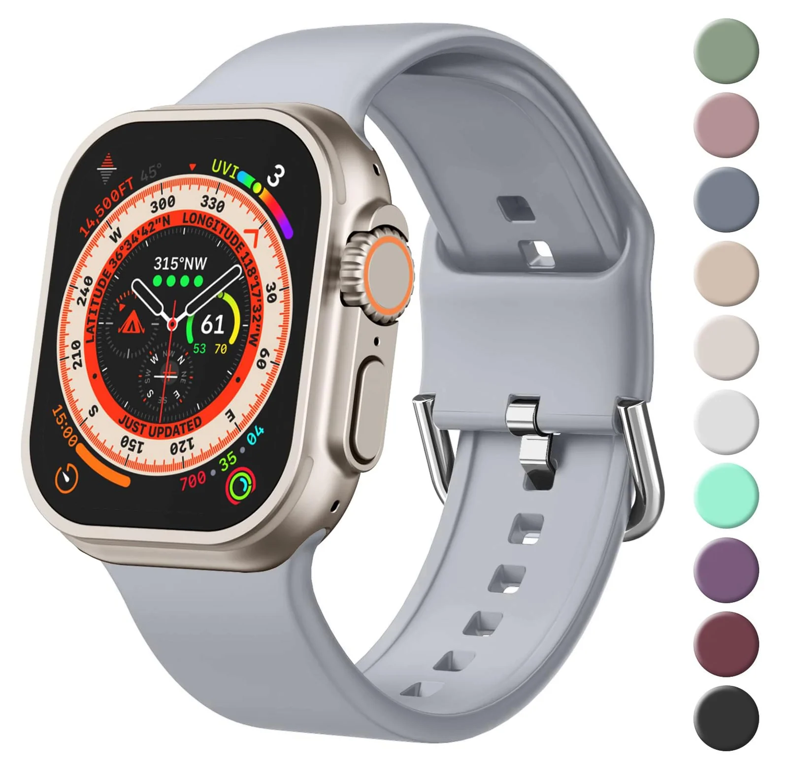 DL3 MOBILAK Strap Silicone Band For Apple Watch Ultra 49mm 45mm 44mm 42mm, Soft Silicone Wristbands Replacement Strap with Classic Clasp for iWatch Series SE 8 7 6 5 4 3 2 1 Ultra - Gray