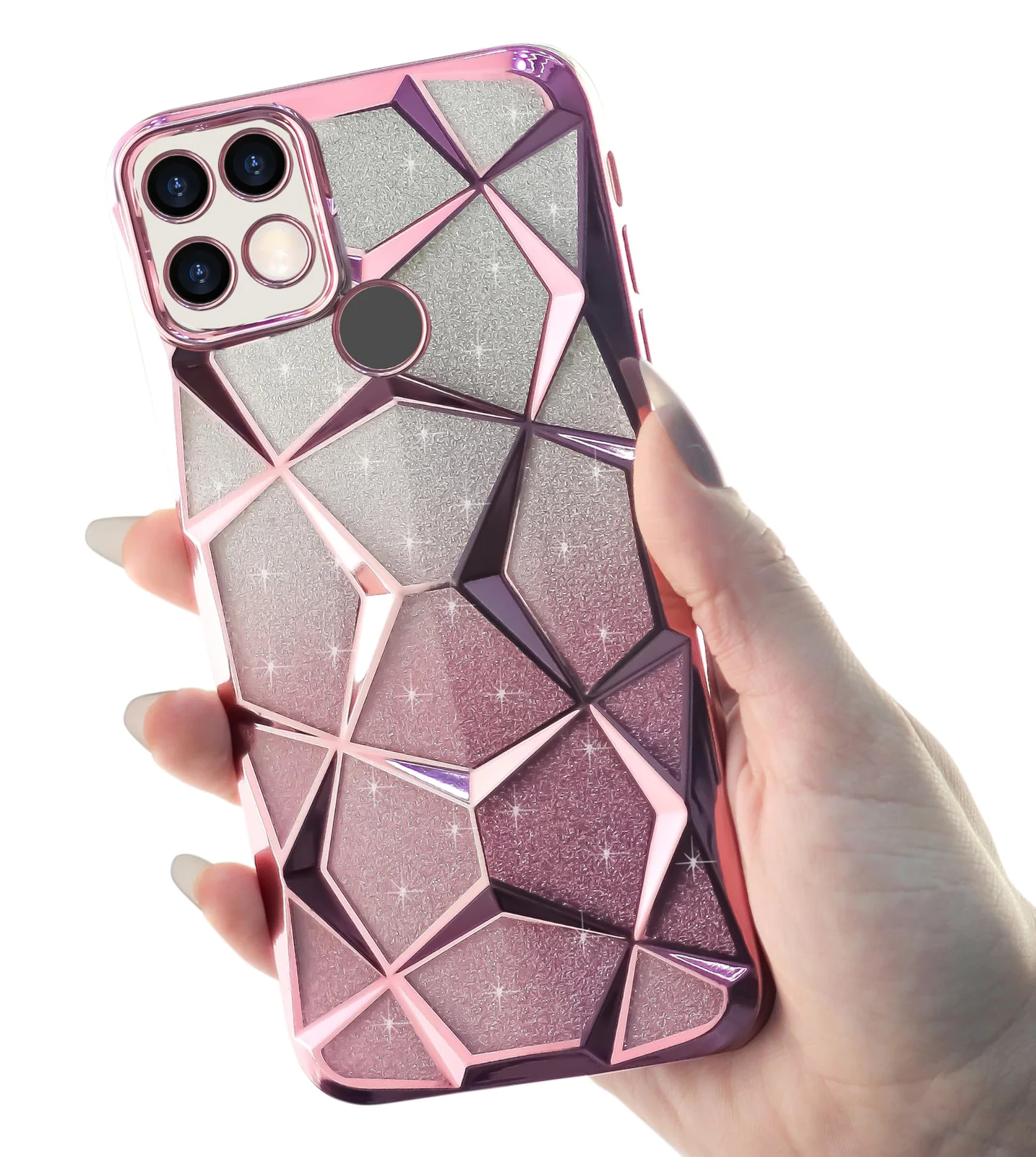 DL3 Mobilak Compatible with OPPO A15 / OPPO A15S Case Plating Bling Gradient Glitter Clear Cover Soft TPU Silicone Cute Camera Protection Shockproof Back for Women Girls Case - Pink
