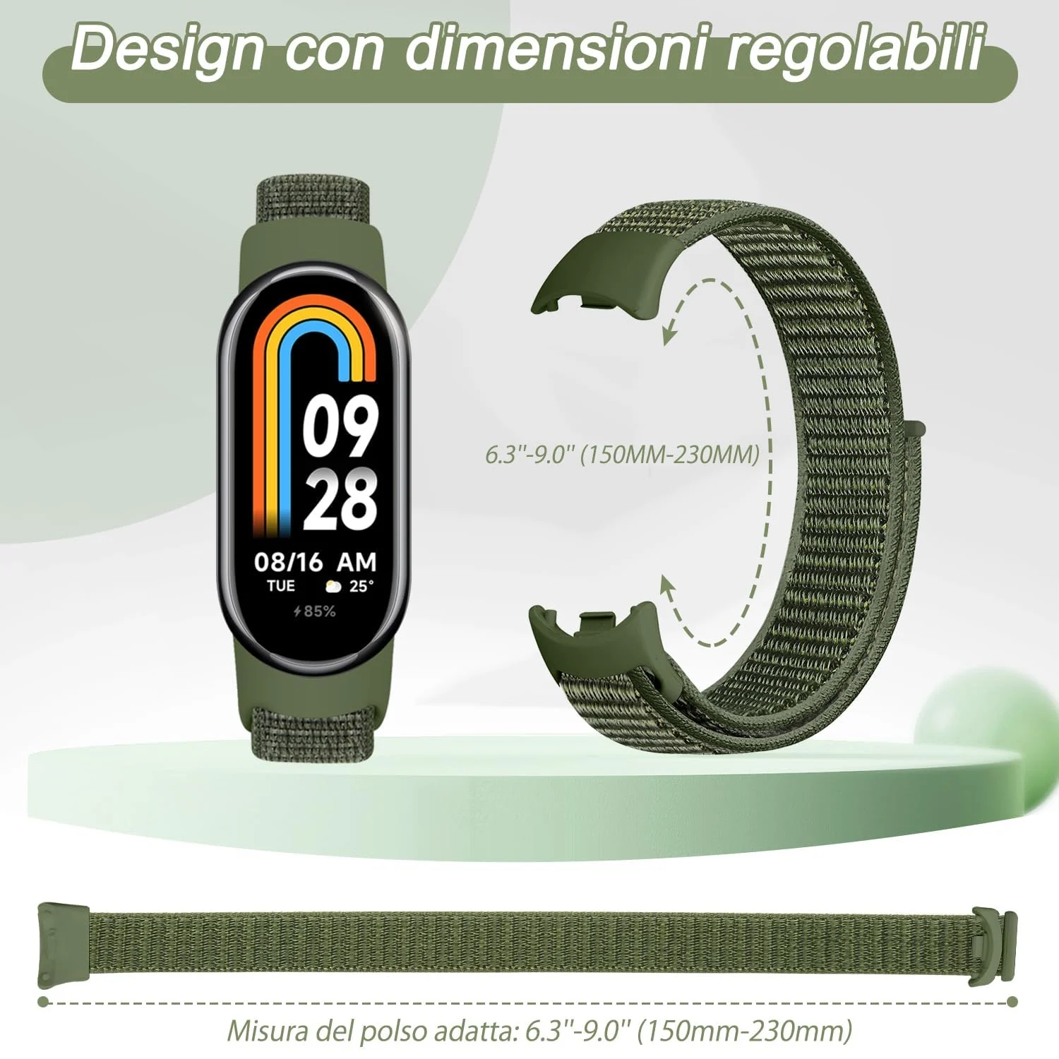 DL3 Mobilak Nylon Sport Band Compatible with Xiaomi Mi Band 10/9/8 for Women Men, Soft Adjustable Breathable Sport Loop Watch Strap Replacement Wristband for Xiaomi Smart Band 8/9/10 - Green