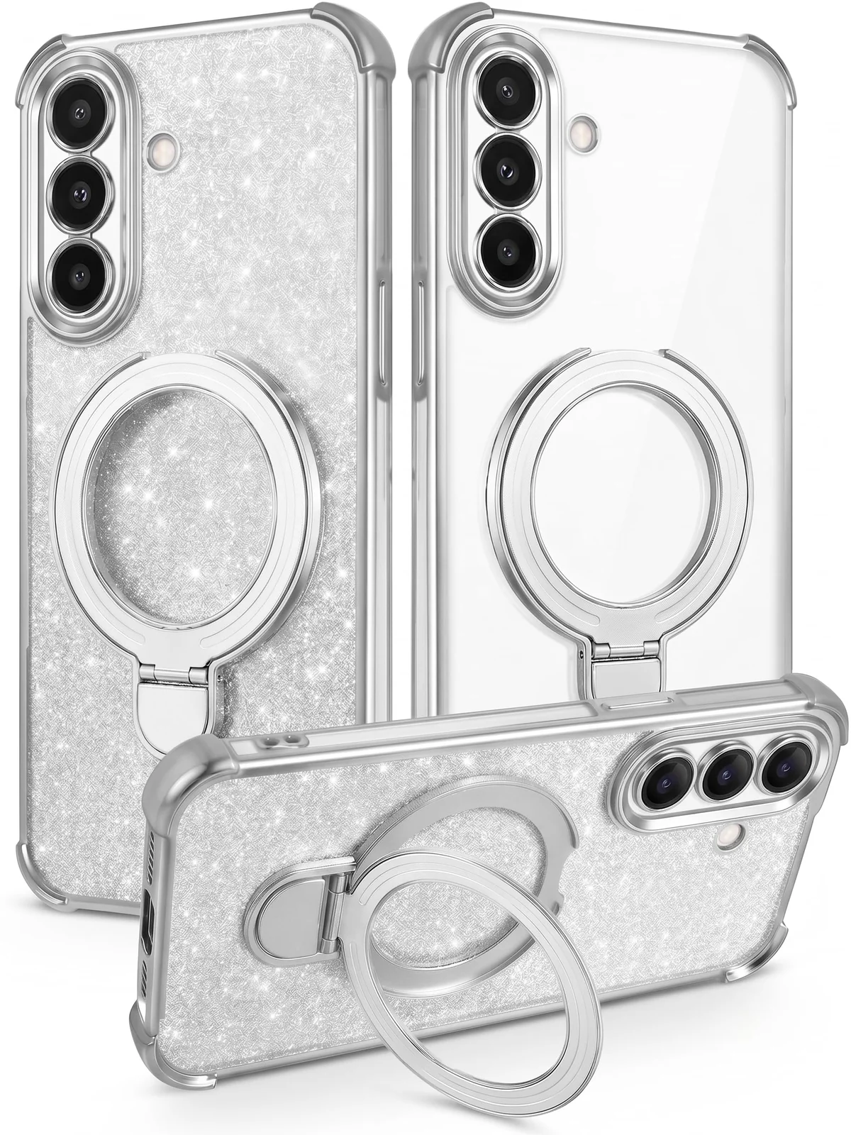 MOBIGON Glitter Phone Case with Magnetic Ring Stand for Samsung Galaxy A26, Silver
