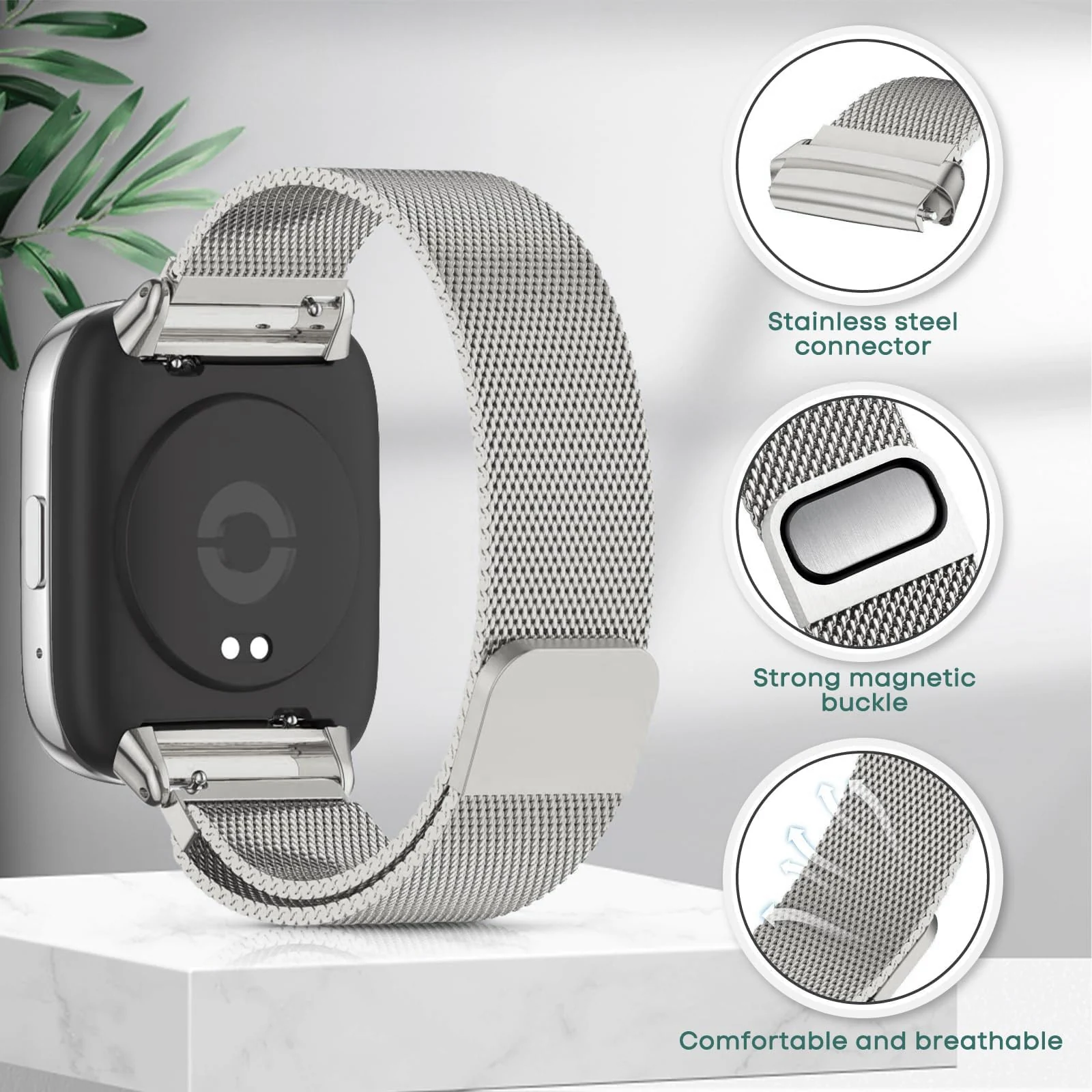 DL3 MOBILAK Milanese Magnetic Stainless-Steel Watch Strap for Xiaomi Redmi Watch 3 Lite and 3 Active - Titanium Silver