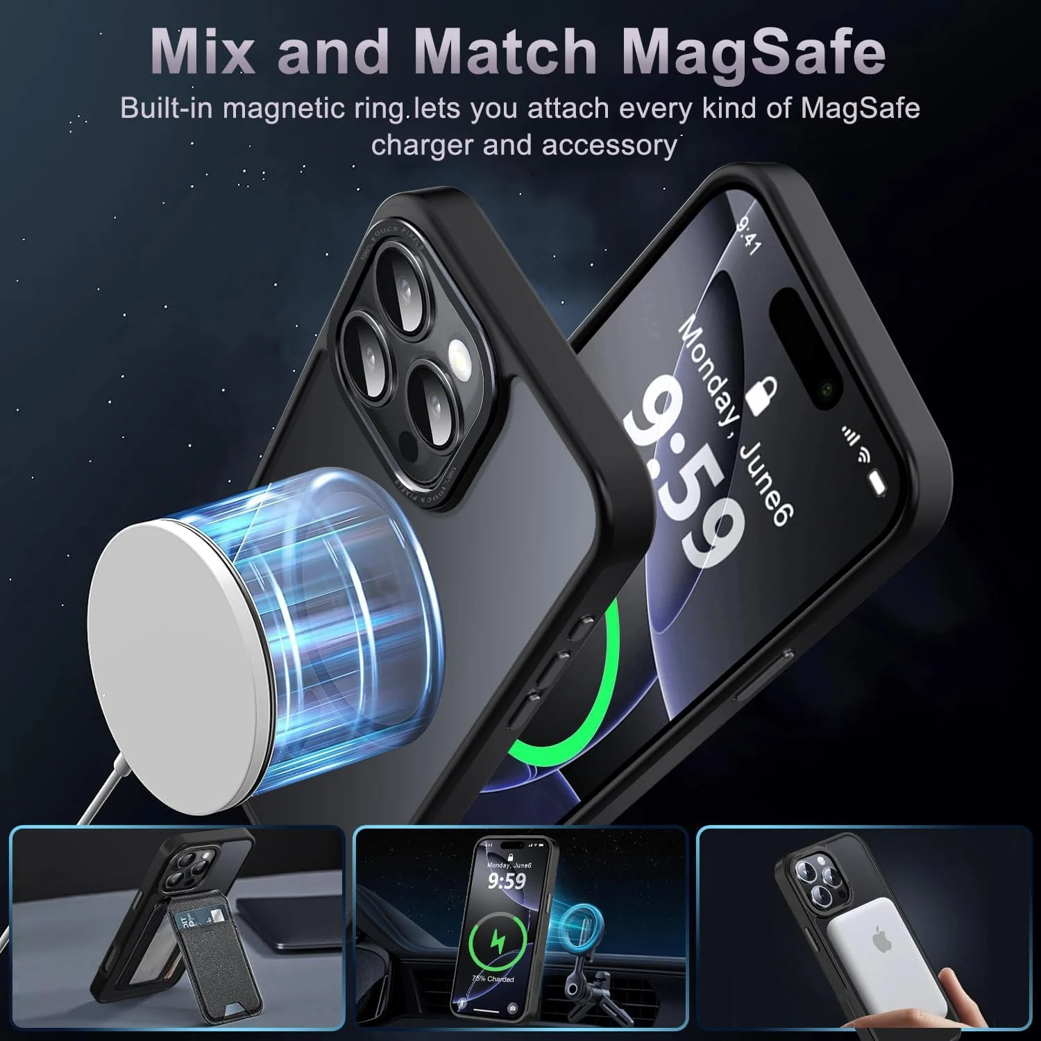 DL3 Mobilak Translucent Matte Case for iPhone 16 Pro 6.3-Inch, Compatible with MagSafe accessories, Supports wireless charging, Built-in magnetic car-mount support - Black