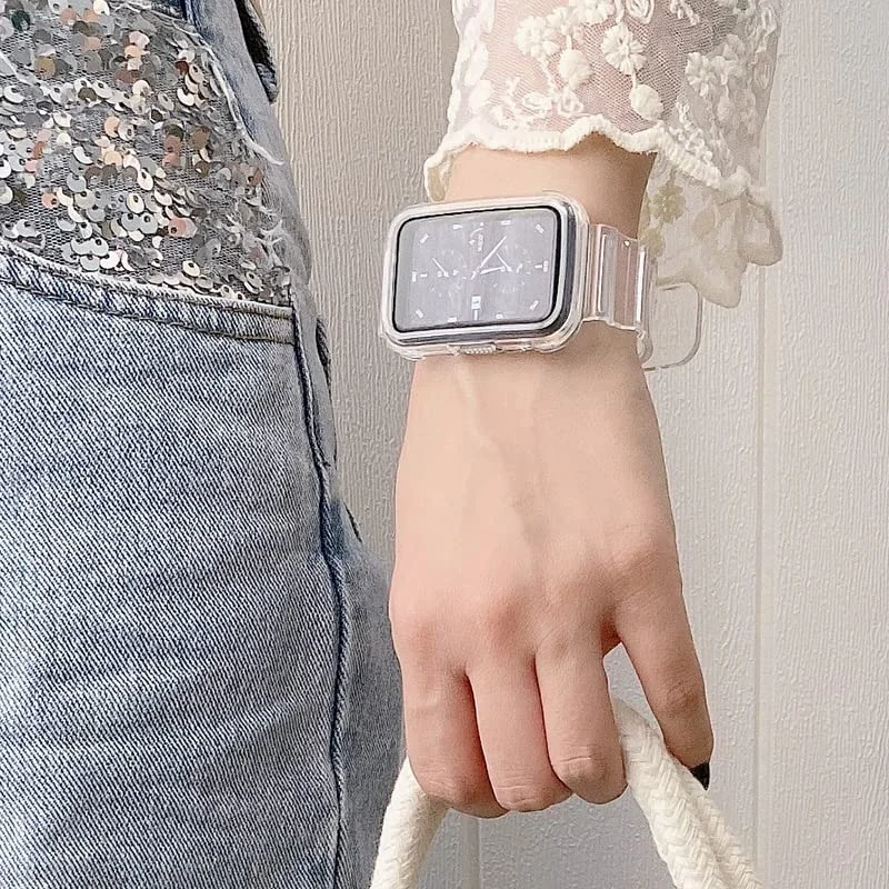 DL3 Mobilak Straps Compatible with Huawei Band 7 / Huawei Band 6 / Honor Band 6 Band with Case, Women Cute Girl Crystal Sport Jelly Protective Cover Bumper with Strap - Transparent White