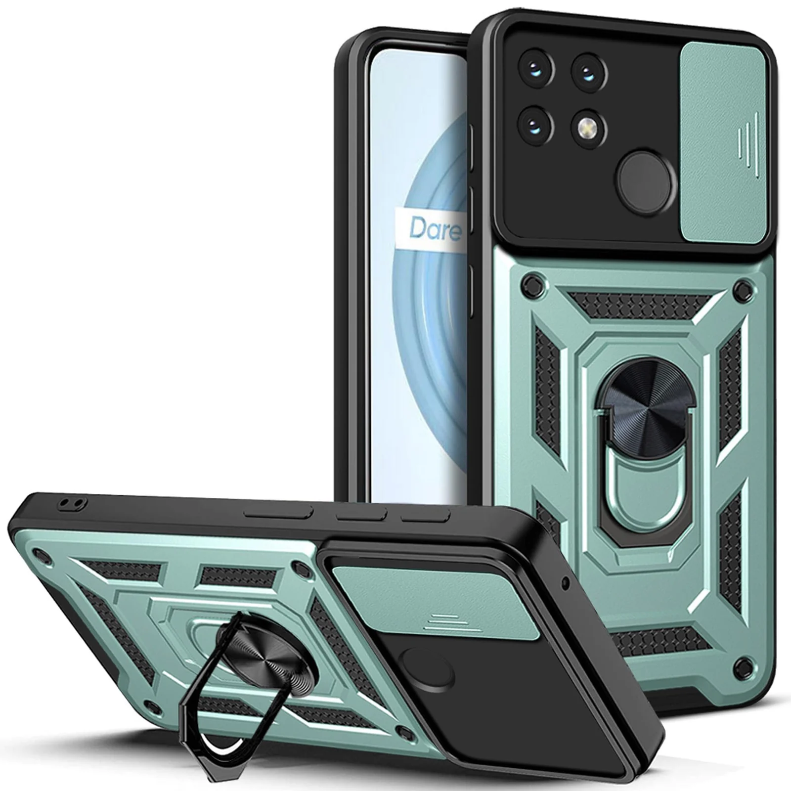 DL3 Mobilak Military-Grade Protective Case with Sliding Camera Cover, Metal Ring Kickstand and Magnetic Car-Mount Support for realme Narzo 50A - Green