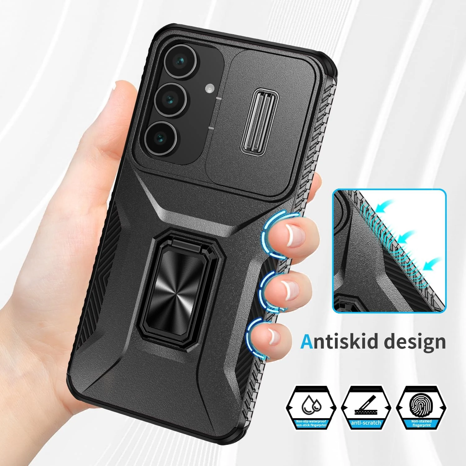DL3 Mobilak Rugged Protective Case for Samsung Galaxy S25 FE 5G, Built-in magnetic car-mount support, Shock-absorbing protection, Built-in kickstand - Black