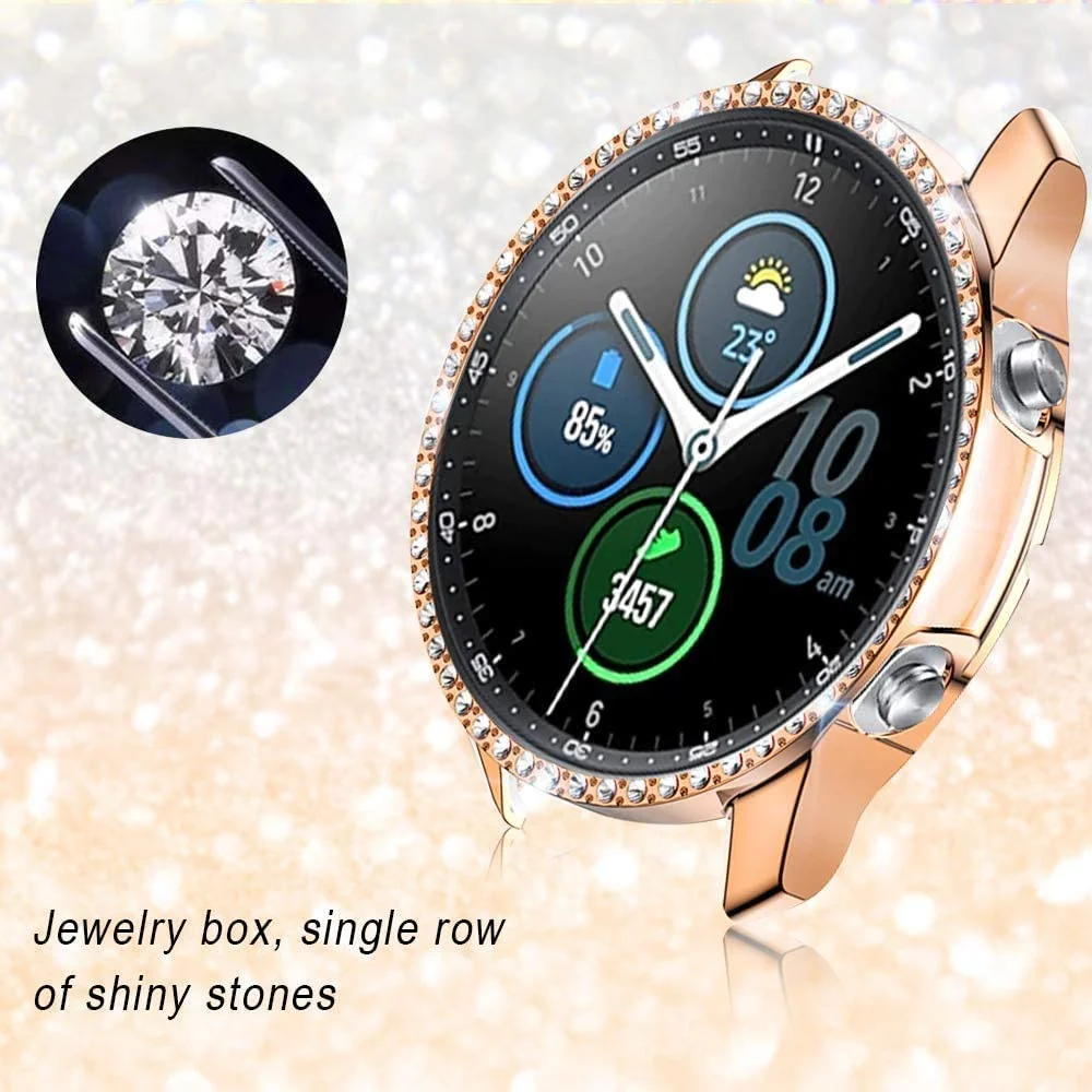 DL3 Mobilak Bumper Diamond Case Compatible with Samsung Galaxy Watch 3 45MM, Bling Crystal Diamonds PC Plastic Protector Case Cover Frame for Galaxy Watch3 45 MM - Rose Gold