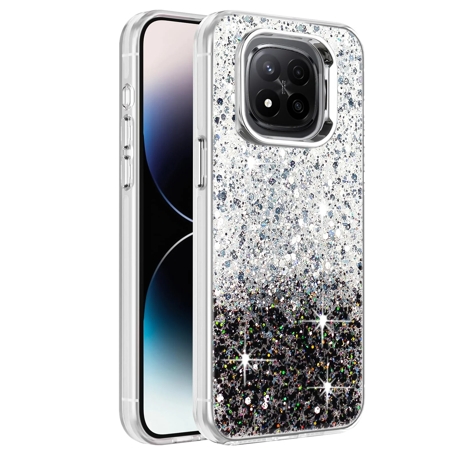 DL3 Mobilak Glitter Protective Case for Xiaomi Redmi Note 14 Pro + Plus 5G, Supports wireless charging, Camera protection, Shock-absorbing protection - White Black