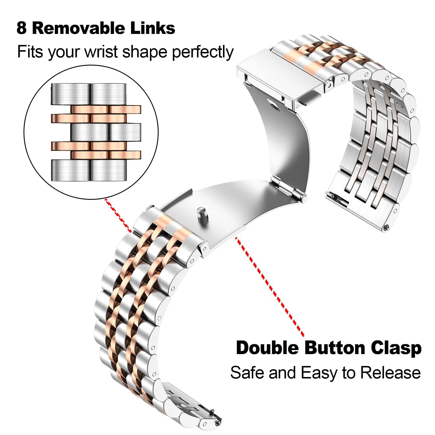 DL3 Mobilak Metal Band 20MM Strap for Samsung Gear Sport, Watch 4/5/5 Pro, S2 Classic, Active 2 40mm 44mm, Amazfit GTS 3/4/4 Mini, Bip 3/Pro/U, GTS 2 Mini/2e - Silver & Rose Gold