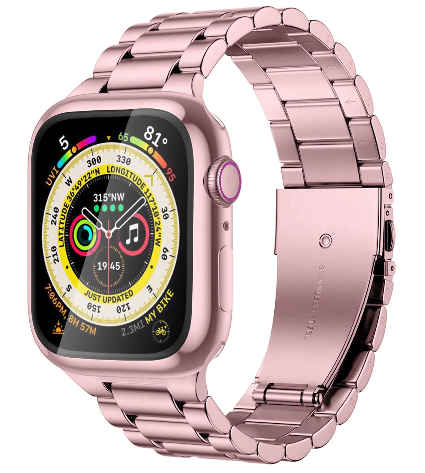 DL3 Mobilak Stainless Steel Band with Case Compatible with Apple Watch Band 45mm Series 9/8/7, Men Woman Business Strap with Protective Bumper Cover for iWatch Series 7/8/9 45mm - Pink