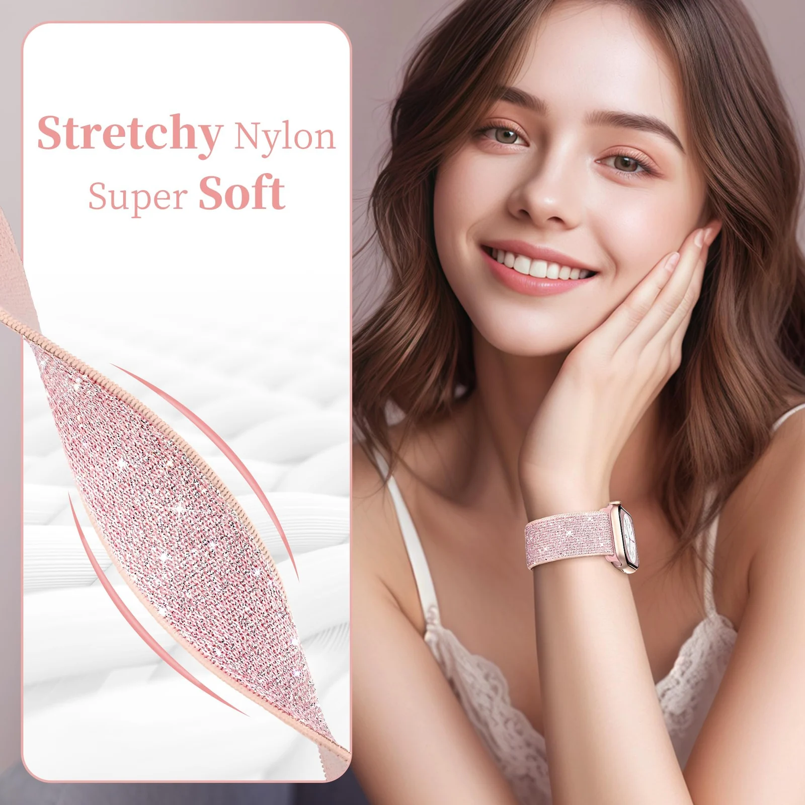 DL3 Mobilak Stretchy Bling Band For Apple Watch 49mm 46mm 45mm 44mm 42mm Women, Nylon Sparkly Strap Solo Loop Glitter Wristband for iWatch Series 11 10 9 8 7 6 5 4 SE3 SE2 SE Ultra 3 2 1 - Pink