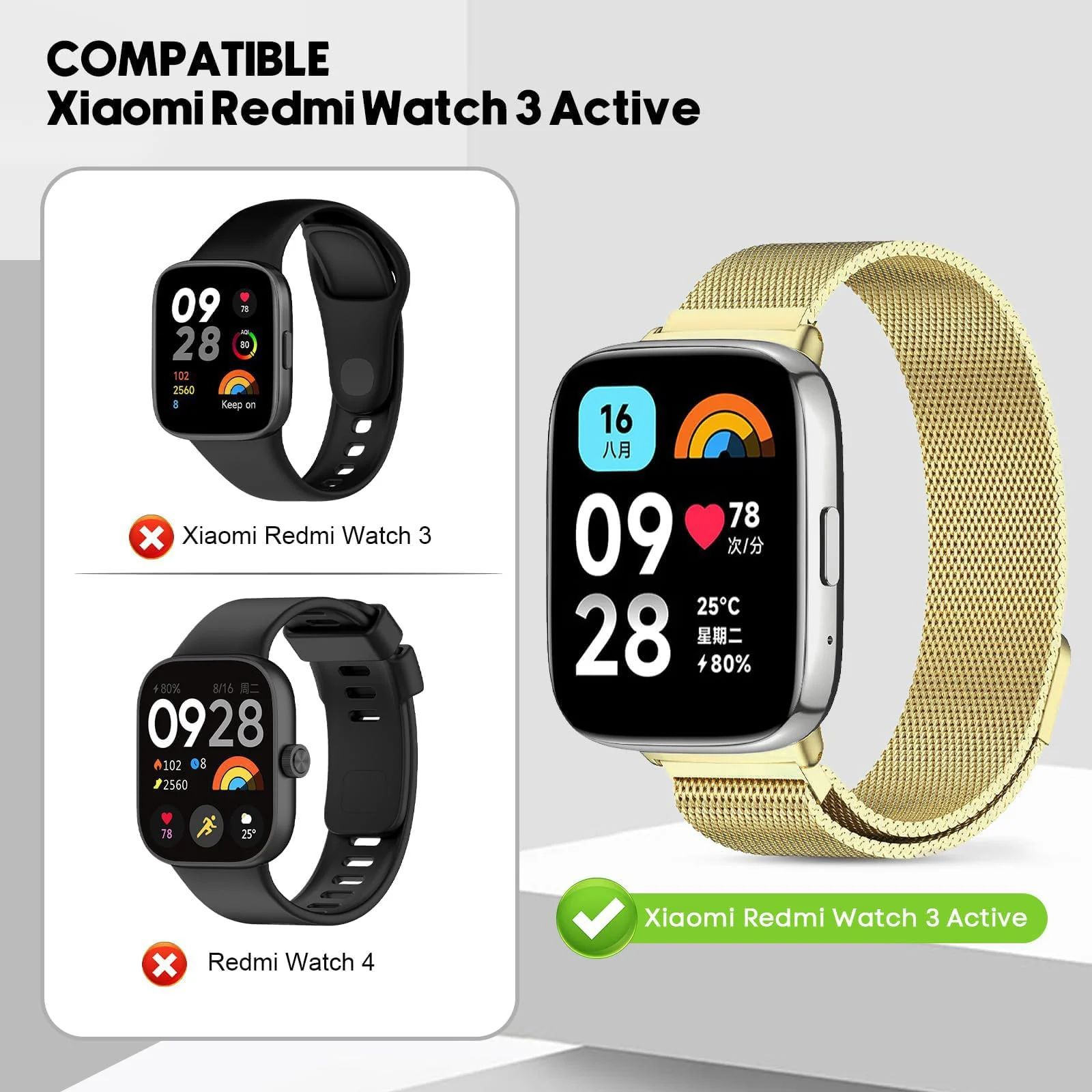 DL3 MOBILAK Milanese Magnetic Stainless-Steel Watch Strap for Xiaomi Redmi Watch 3 Lite and 3 Active - A-Gold