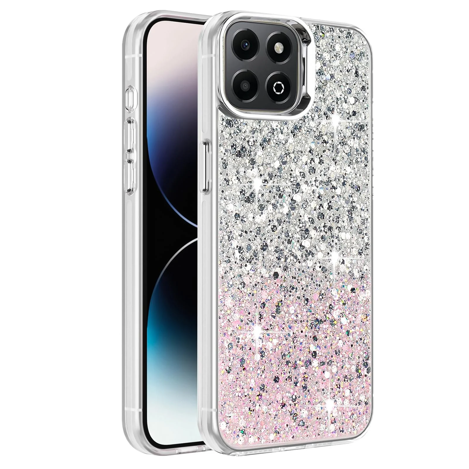 DL3 Mobilak Glitter Rhinestone Protective Case for Honor X6b with Shockproof Design - White Pink