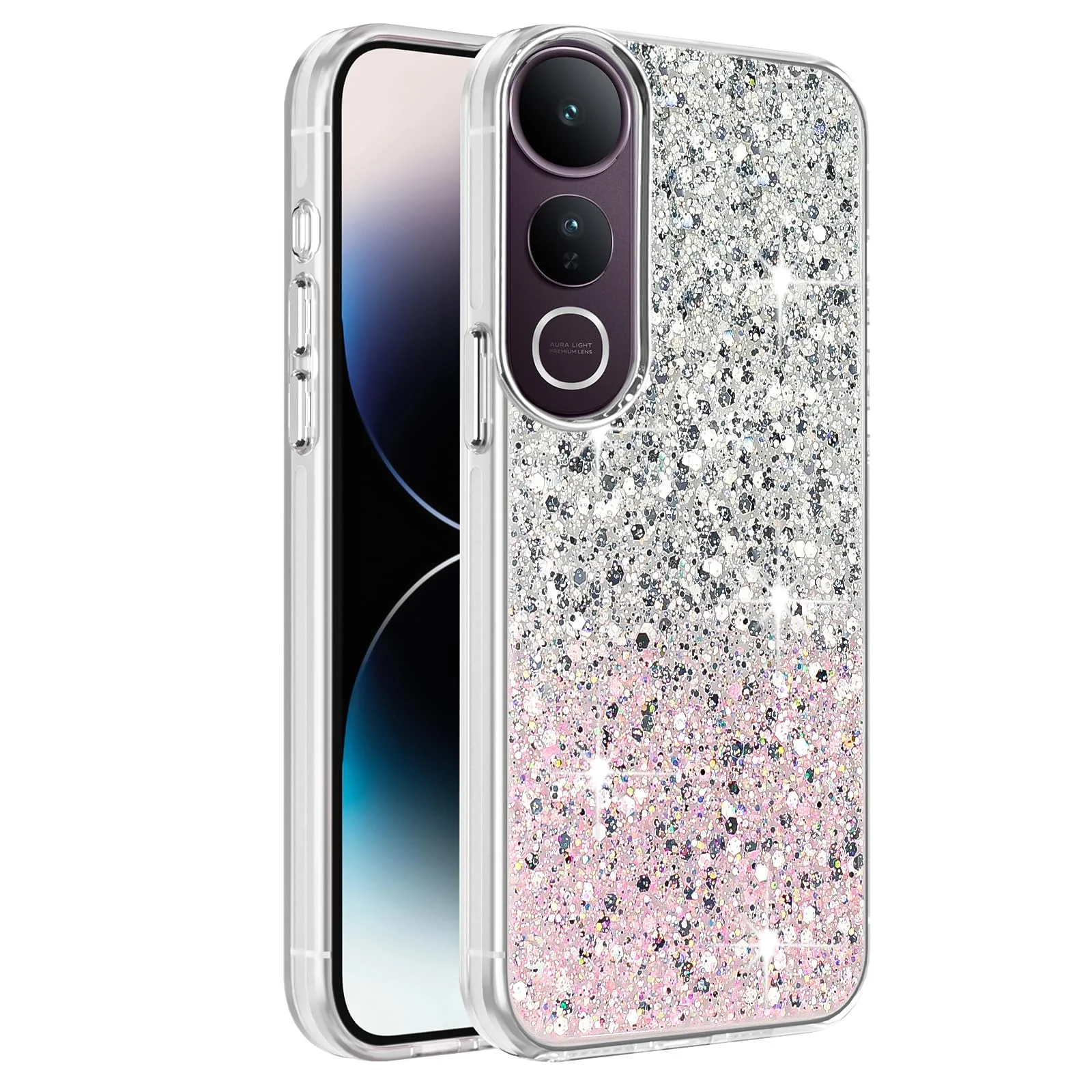 Dl3 Mobilak Compatible with Vivo V50 Lite 4G / 5G Case, Clear Glitter Bling Sparkly, Soft TPU Frame Bumper, Hard-Back Cover for Women & Girls, Transparent Protective Phone Case (Pink Green)