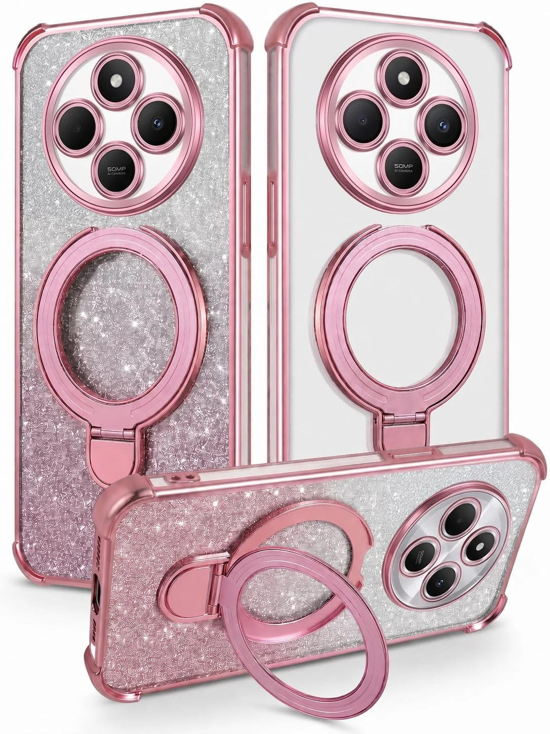 MOBIGON Glitter Phone Case with Magnetic Ring Stand for Xiaomi Redmi 14C / Redmi A4 / POCO C75, Pink