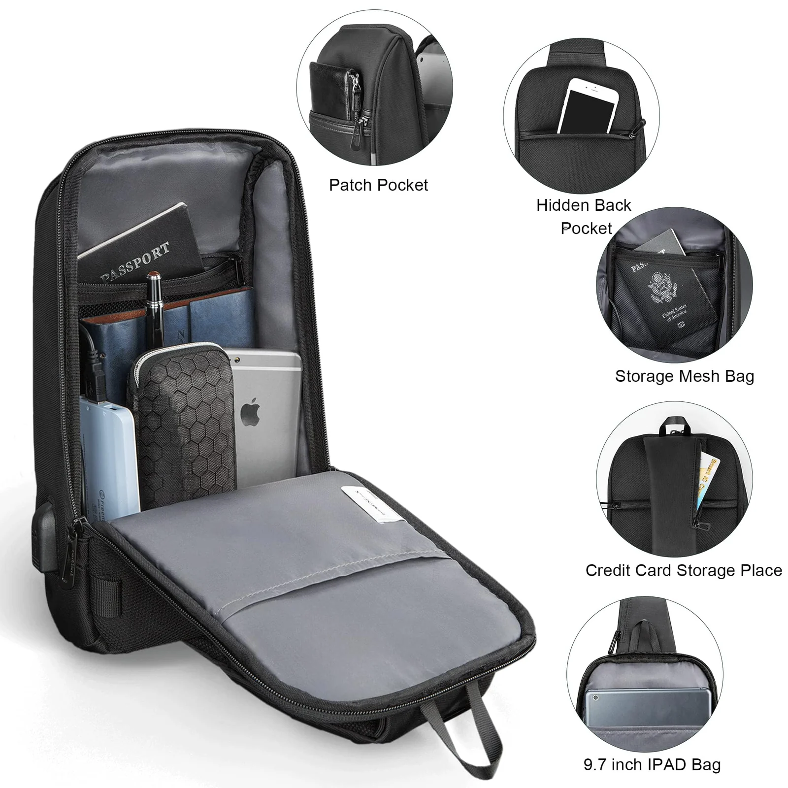 Mobigon Mini Sling Bag Hiking Daypack for Men with USB Port, Fits 9.7” iPad, Waterproof Little Crossbody Travel Shoulder Bag, Small Anti-Theft Backpack for Camping, Traveling, Commuting - Black