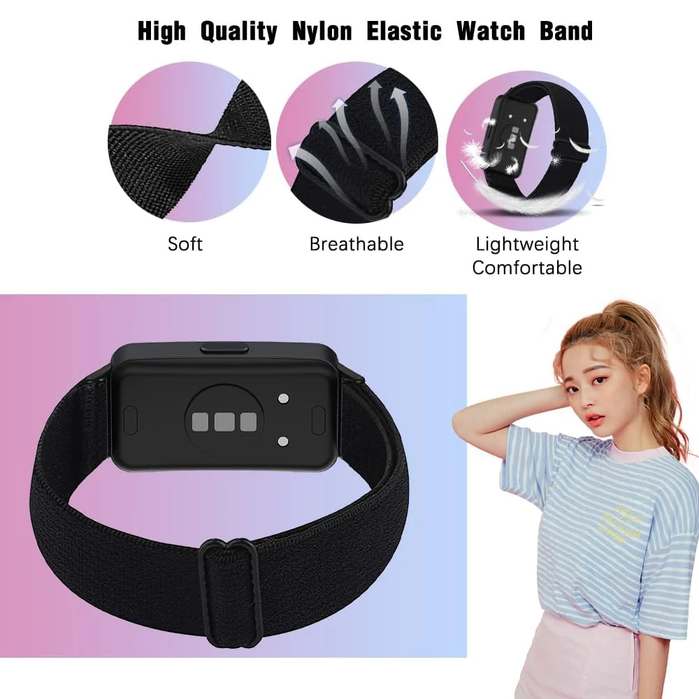 DL3 Mobilak Strap Compatible with Honor Band 7 / Huawei Band 7, Soft Elastic Nylon Straps, Adjustable Stretchy Sports Replacement Bracelets Wristbands for Women Men - Black