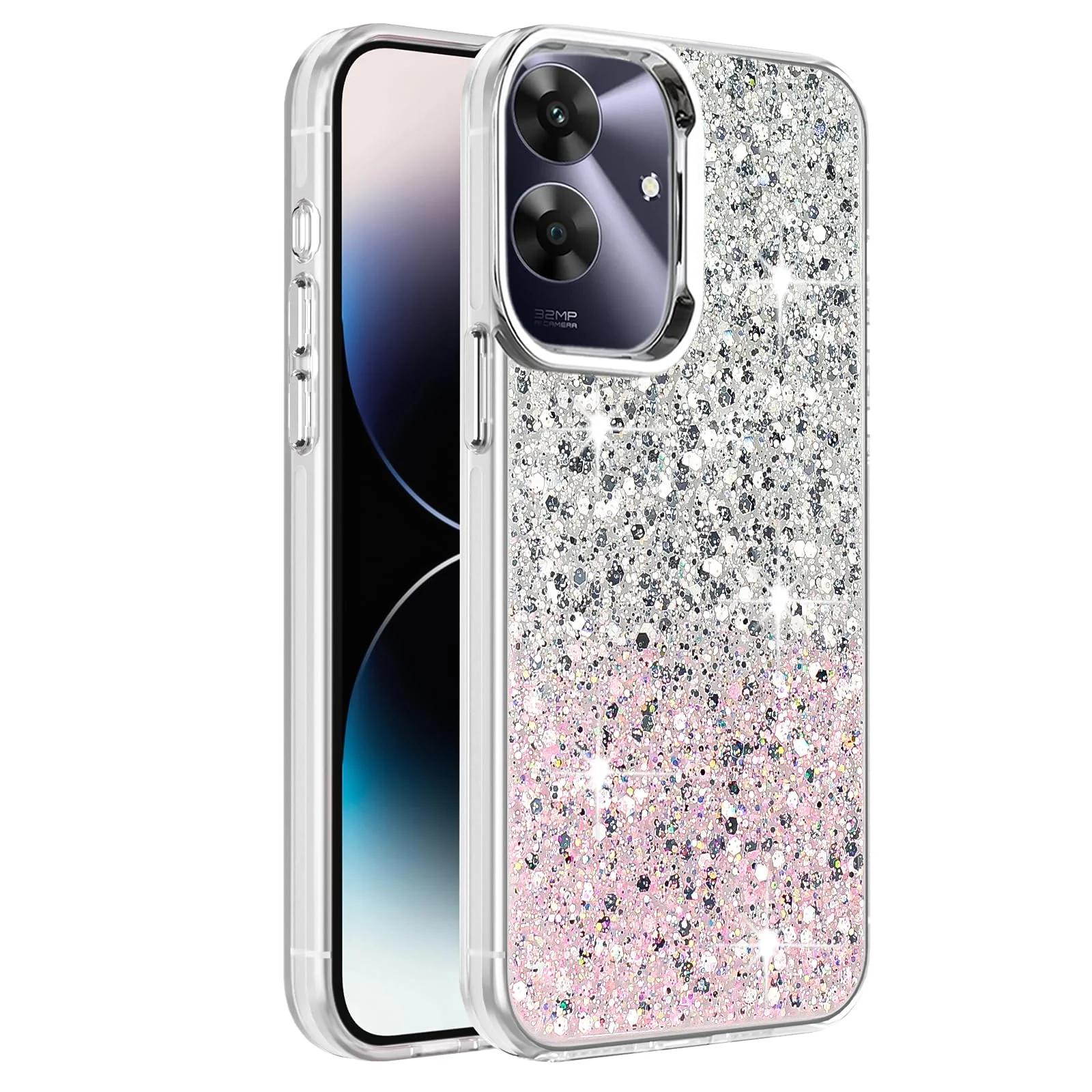 DL3 Mobilak Glitter Rhinestone Protective Case for OPPO realme Note 60 with Shockproof Design - White Pink