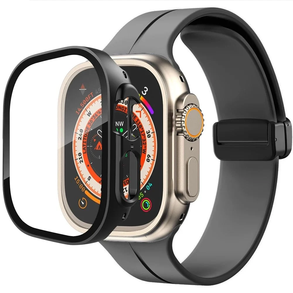 DL3 Mobilak Silicone Magnetic Band with Case For Apple Watch Ultra 49mm, Soft Sport Silicone Replacement Wristband Strap with Protective Bumper Cover for Apple Watch Ultra 2 Ultra 49mm - Space Gray