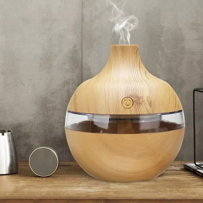 Mobigon Wood Cool Mist Ultrasonic Humidifier for Room Moisture, Aroma Diffuser for Home, 300ml Essential Oil Diffuser with 7 Colorful Night Light, Auto Shut-Off, Home, Office, car - D.Light Brown