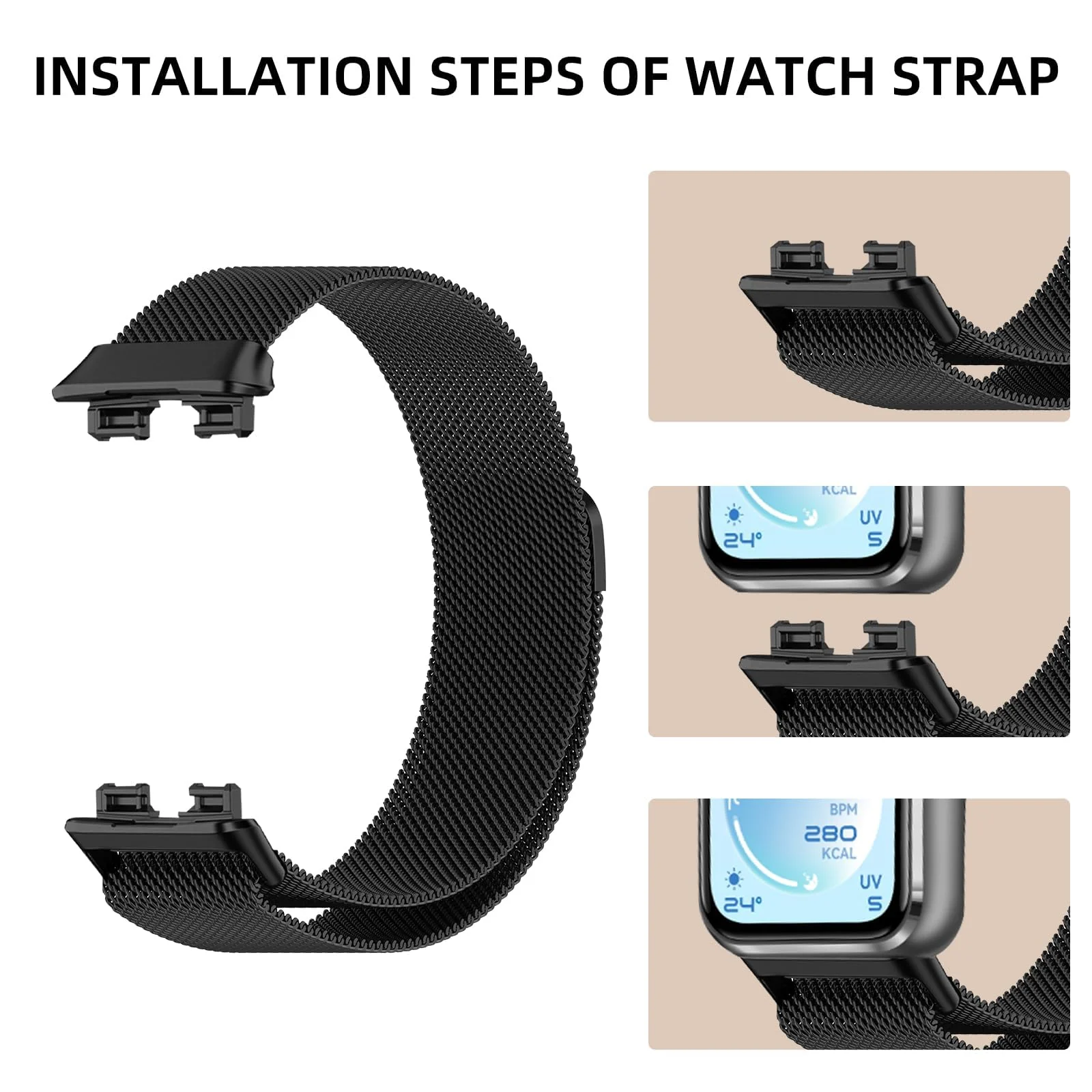 MOBIGON Magnetic Stainless Steel Watch Strap for Huawei Band 11 / 11 Pro, Black