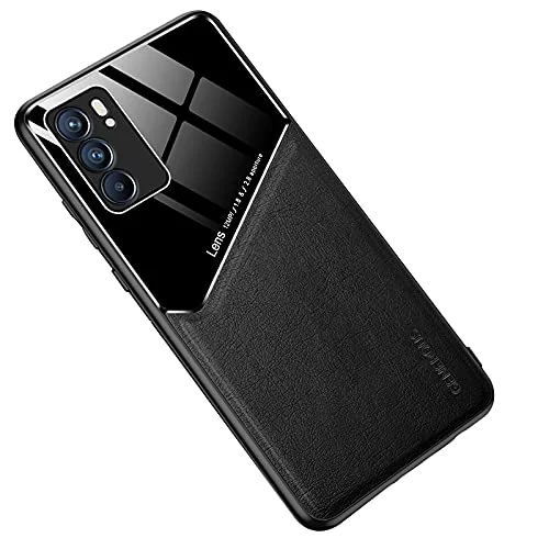 DL3 Mobilak Faux Leather and Plexiglass TPU Case for OPPO Reno 6 5G with Magnetic Car-Mount Support and Shockproof Design - Black