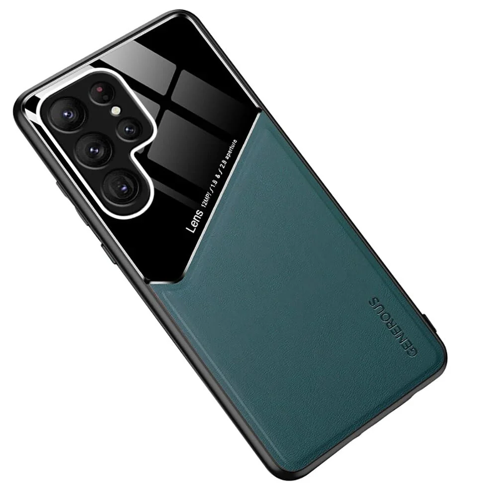 DL3 Mobilak Leather and PC Protective Case for Samsung Galaxy S24 Ultra, Built-in magnetic car-mount support, Shock-absorbing protection, Raised edges around the screen and camera - Green