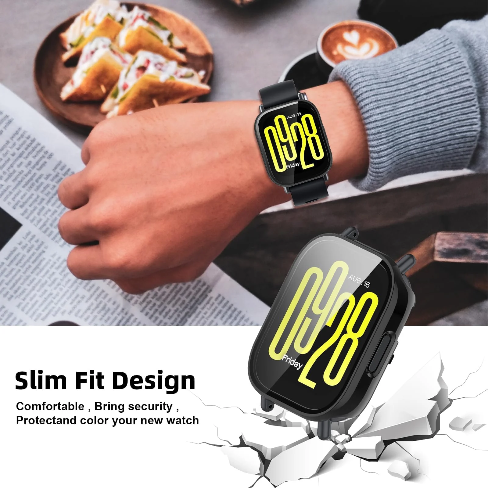 DL3 Mobilak Case with Screen Protector for Xiaomi Redmi Watch 5 Active, Bumper Full Coverage Hard PC Overall Protective Cover, Built-in Tempered Glass Film High Sensitivity - Black