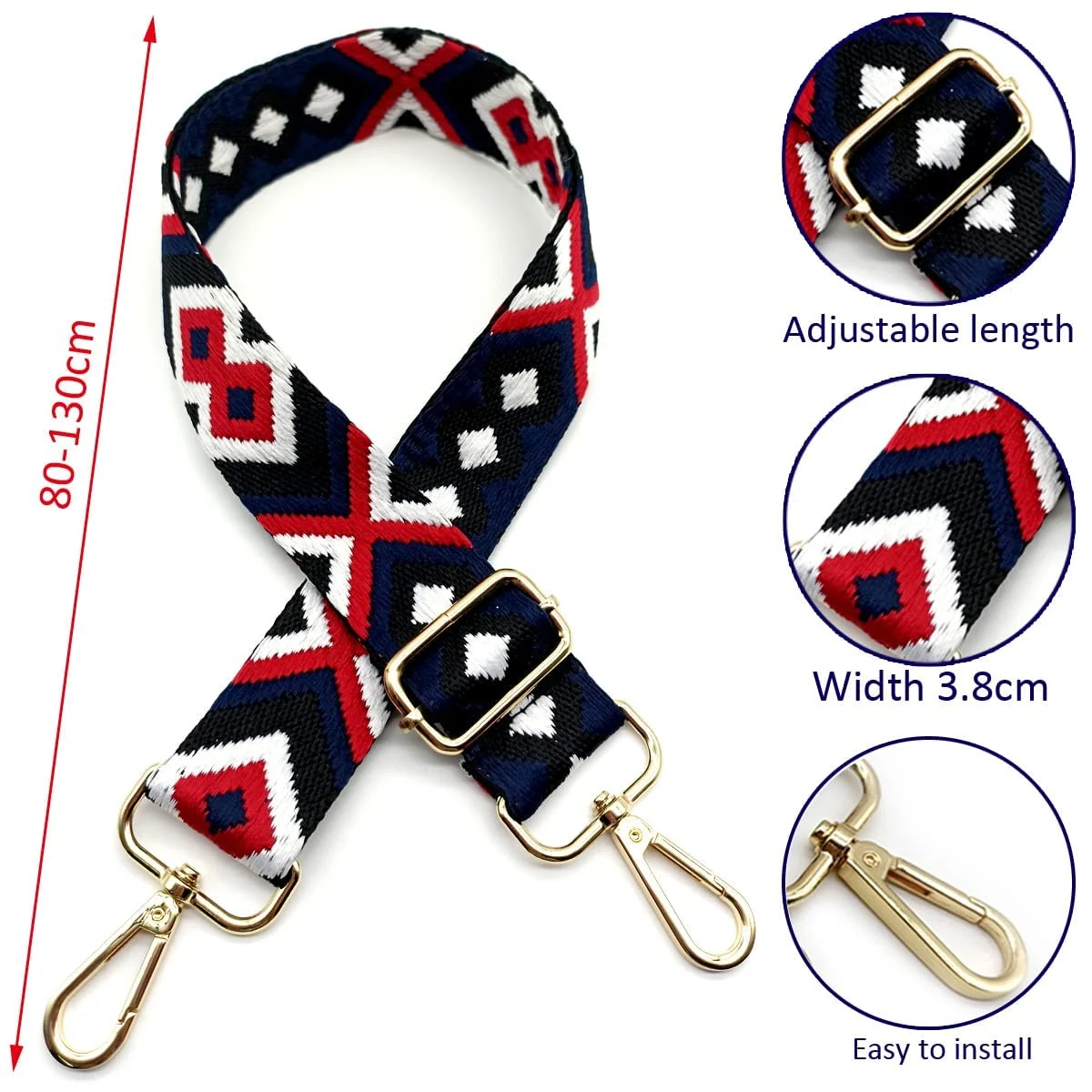 DL3 Mobilak Adjustable Wide Crossbody Bag Strap for Women, Replacement Shoulder Strap for Handbags, Totes & Purses with Elegant Embroidered Pattern and Metal Hooks - Black/Blue/Red