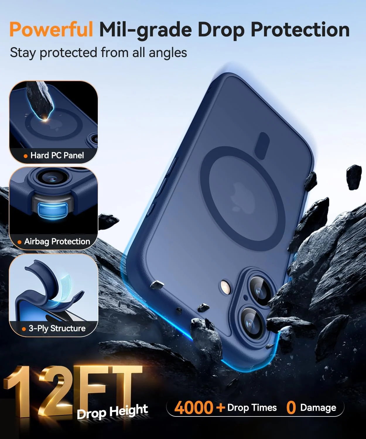 DL3 Mobilak Matte MagSafe-Compatible Magnetic Case for iPhone 16 with Camera Protection and Magnetic Car-Mount Support - Blue