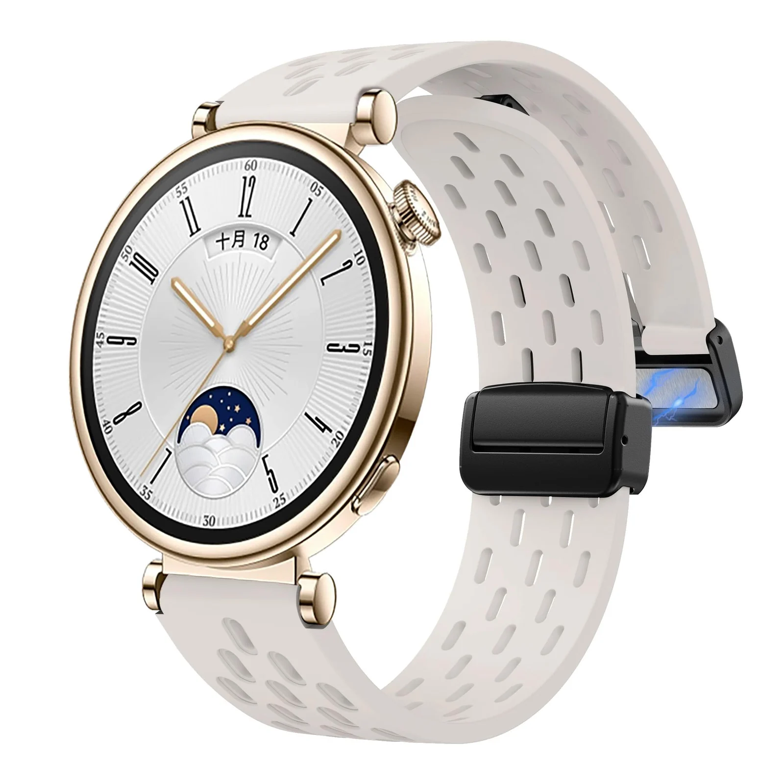 DL3 Mobilak 18mm Silicone Strap For Huawei Watch GT 6 41mm/GT 5 Pro 42 mm/GT 5 41mm/GT4 41 mm/Watch 5 42mm Magnetic Metal Buckle Sport Silicone Breathable Strap, Band Soft Replacment Wristband - Starlight