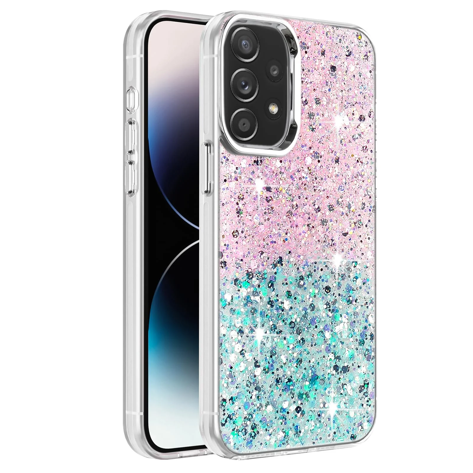 DL3 Mobilak Glitter Rhinestone Protective Case for Samsung Galaxy A72 with Shockproof Design - Pink Green