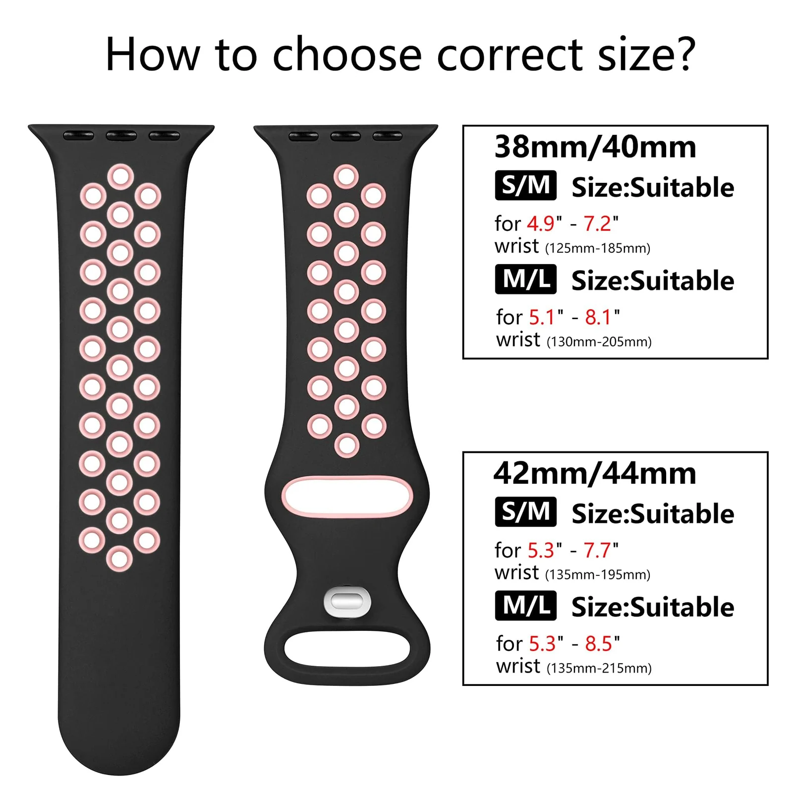 DL3 Mobilak Sport Strap For Apple Watch 49mm 45mm 44mm 42mm 41mm 40mm 38mm, Breathable Silicone Double Hole Band, for iWatch Ultra 2 Series 9 8 7 6 5 4 3 SE (&, 38mm/40mm/41mm) - Black & Pink