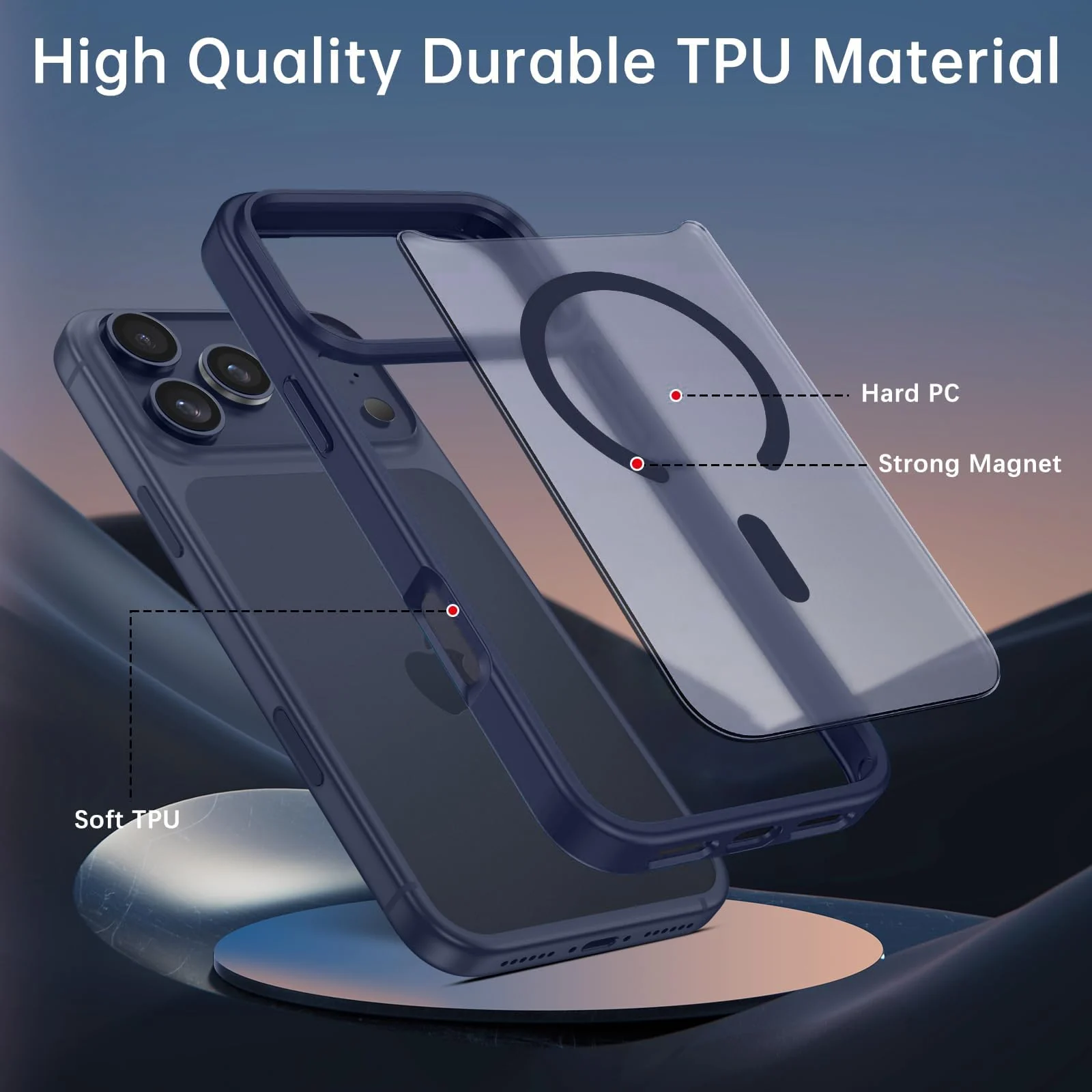DL3 Mobilak Translucent Matte Case for iPhone 17 Pro Max, Compatible with MagSafe accessories, Supports wireless charging, Built-in magnetic car-mount support - Dark Blue