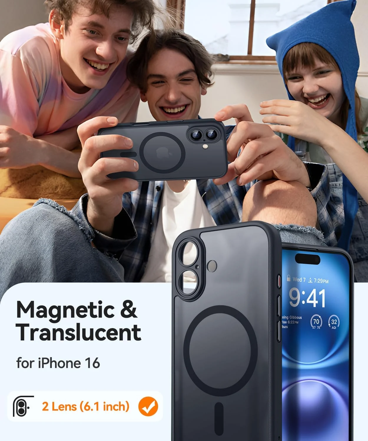 DL3 Mobilak Matte MagSafe-Compatible Magnetic Case for iPhone 16 with Camera Protection and Magnetic Car-Mount Support - Black