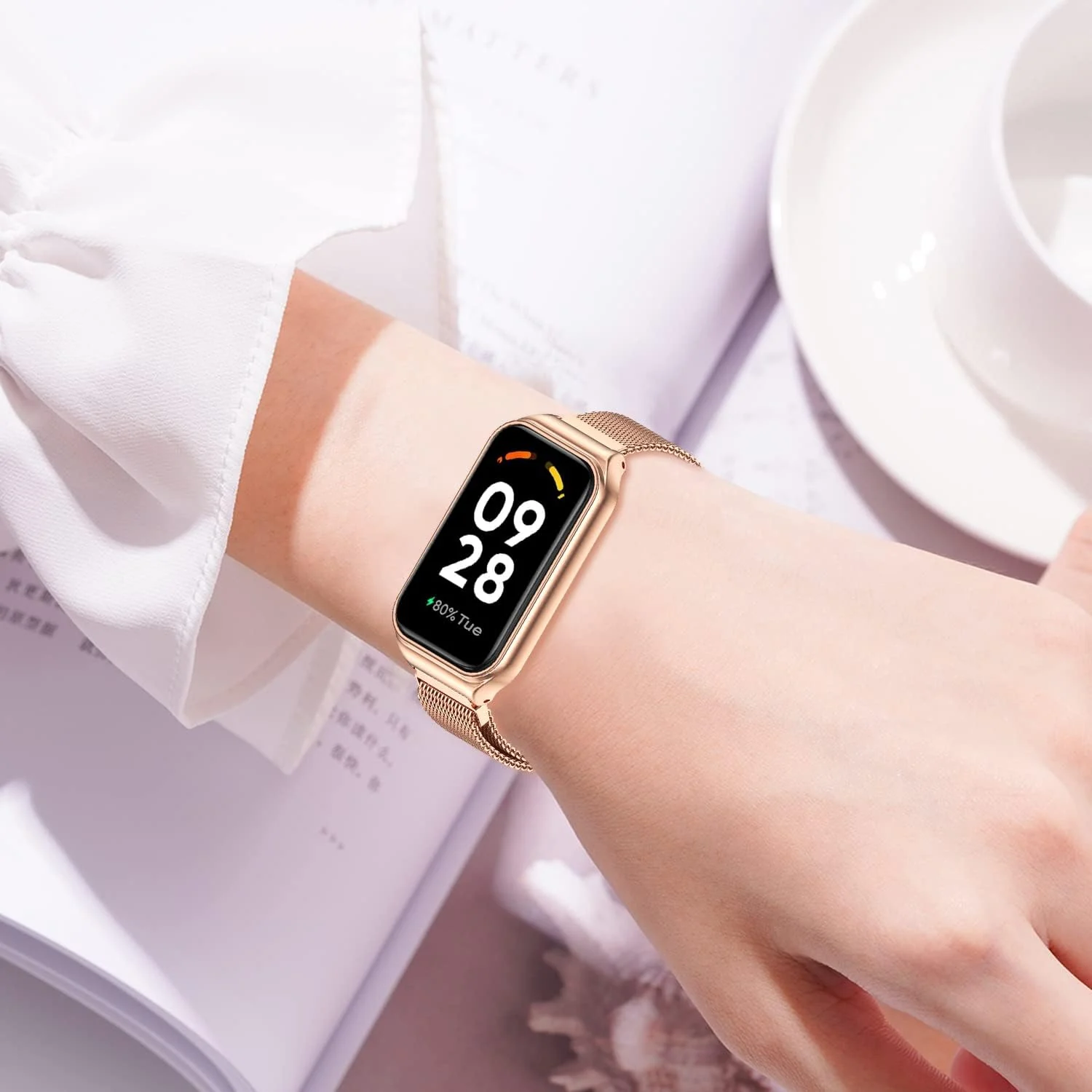 DL3 Mobilak Bracelet Compatible with Xiaomi Redmi Band 2/Smart Band 8 Active, Stainless Metal Magnetic Replacement Strap - Rose Gold