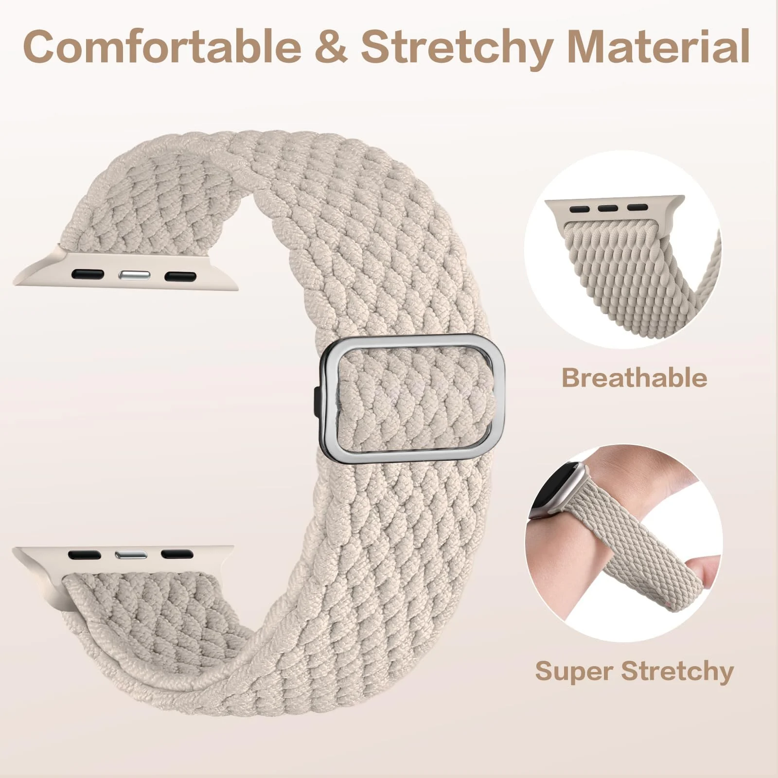 DL3 Mobilak Stretchy Nylon Solo Loop Strap Compatible with Apple Watch Band 49mm 45mm 46mm 44mm 42mm for Women Men, Sport Breathable Braided Wristband for iWatch Series 11 10 9 8 7 6 5 4 SE Ultra 3 2 1 - Beige