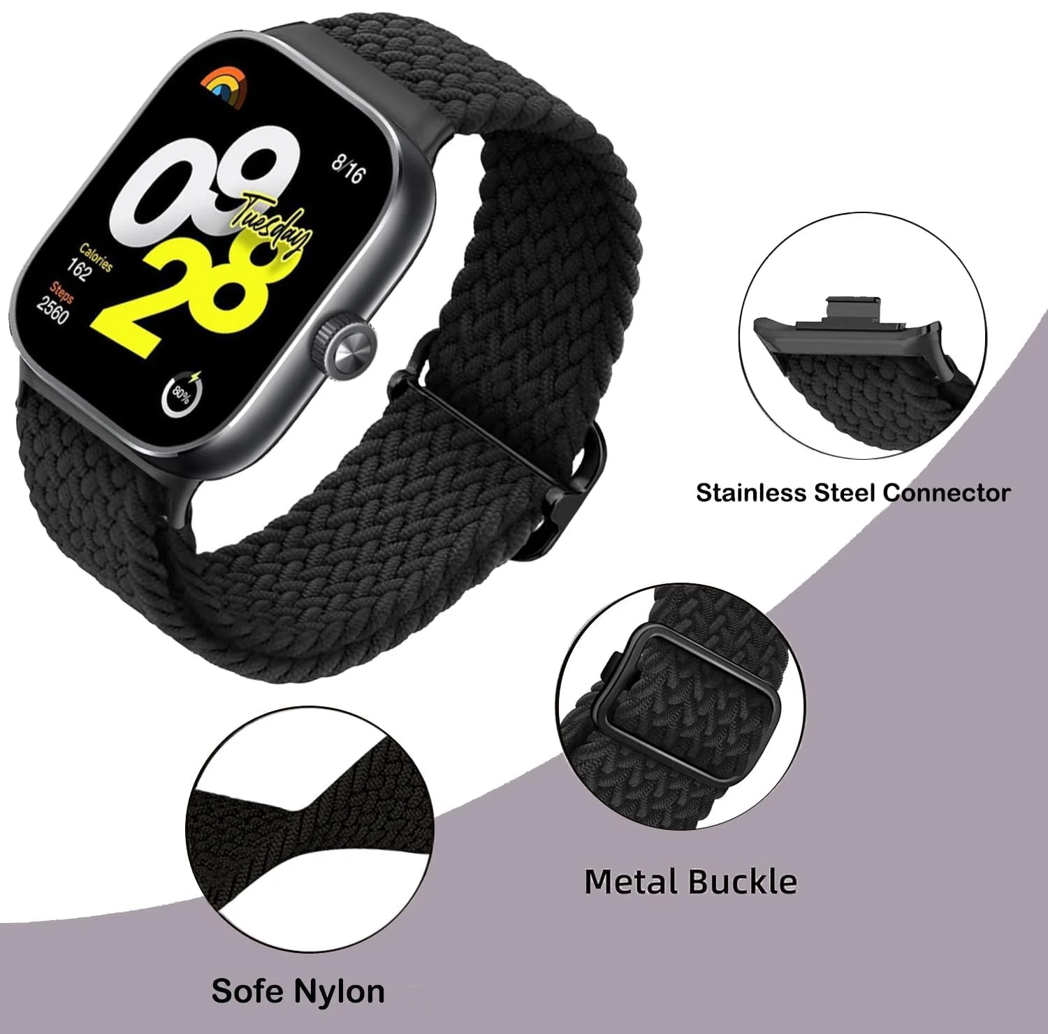 DL3 Mobilak Braided Band For Redmi 4/5 / 6 / Xiaomi Smart Band 8 Pro/Band 9 Pro for Women Men, Adjustable Braided Bands Straps Elastics Sport Wristband Nylon Strap - Colorful Black