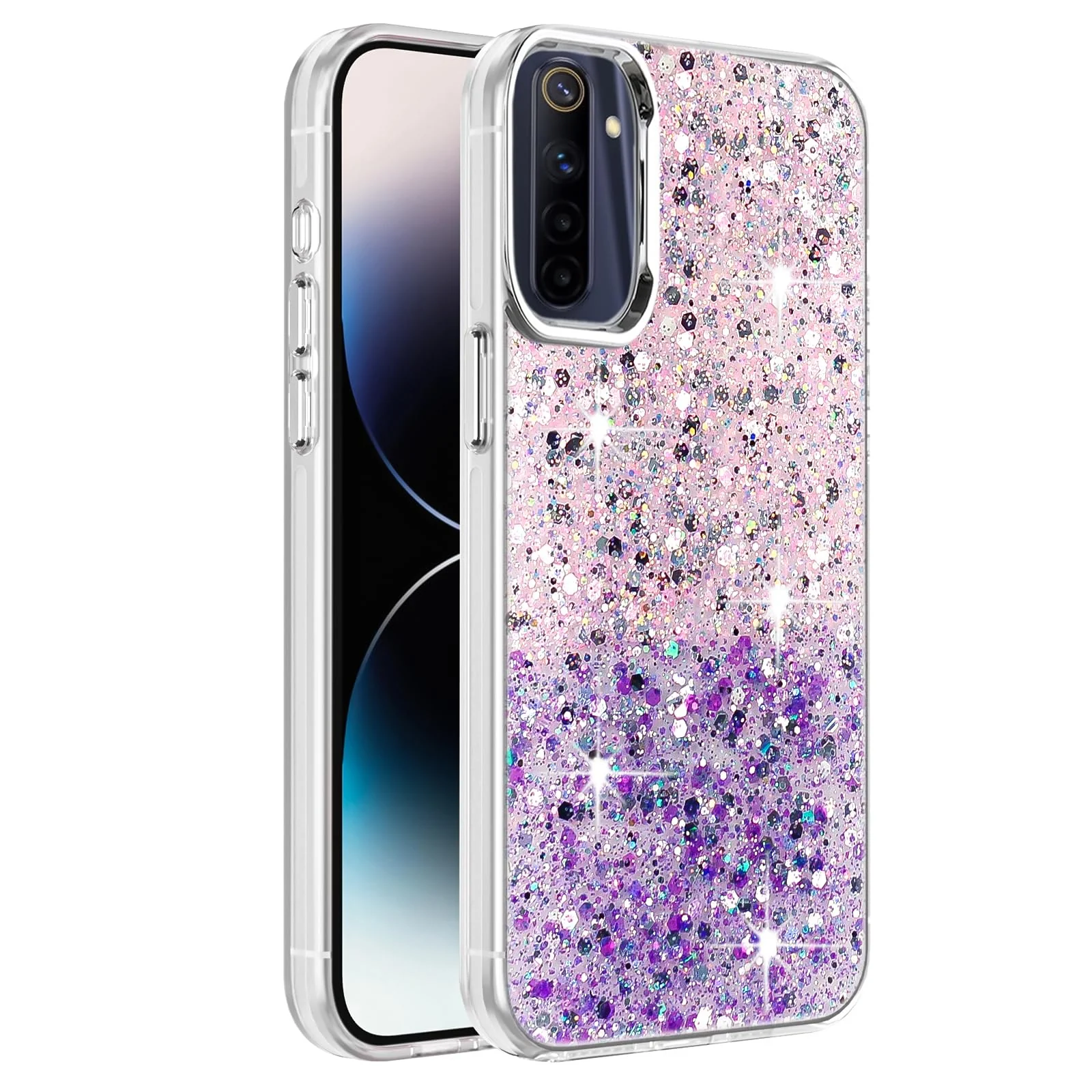 DL3 Mobilak Glitter Protective Case for OPPO realme 6 Pro, Supports wireless charging, Camera protection, Shock-absorbing protection - Pink Purple