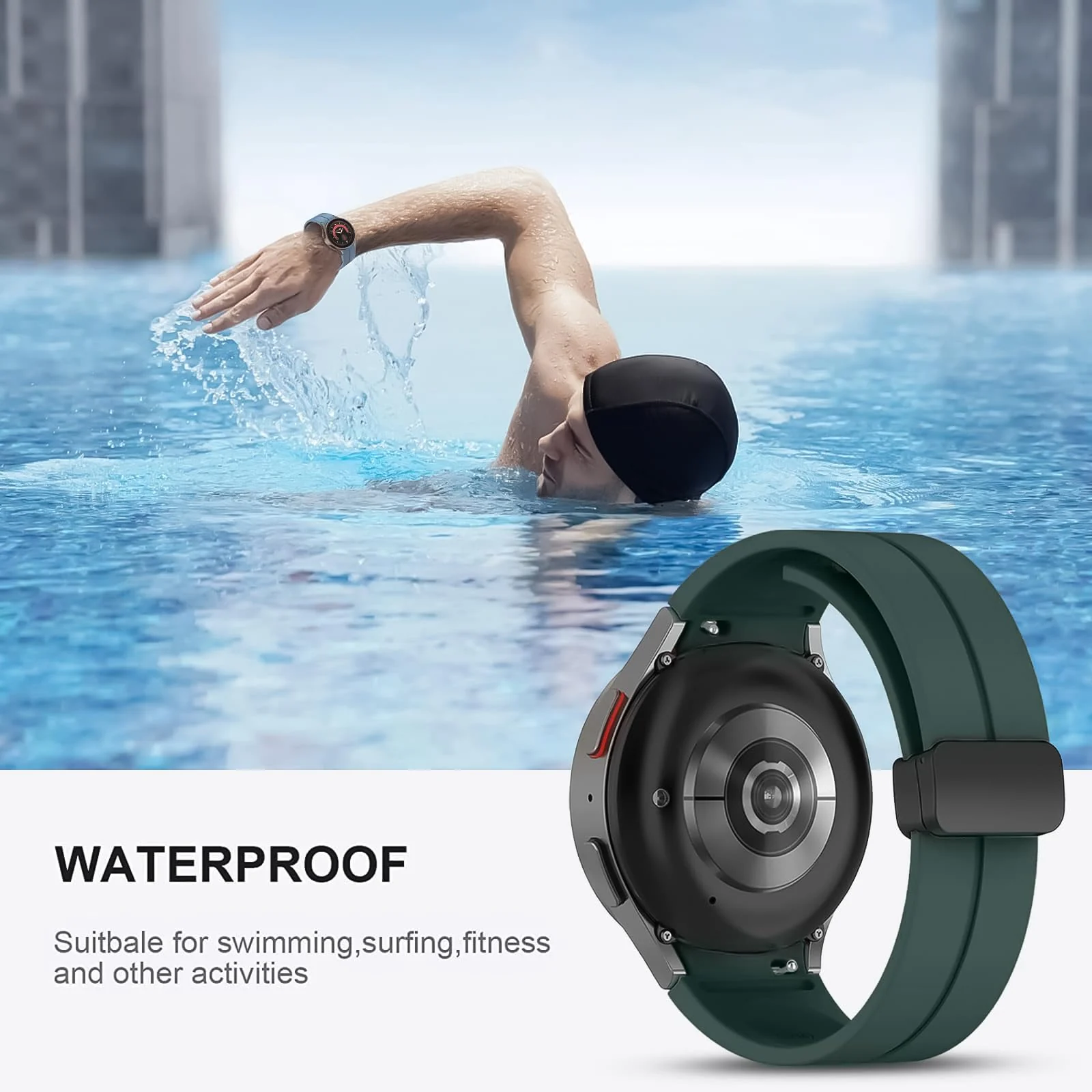 DL3 MOBILAK Magnetic for Samsung Galaxy Watch 6/4/5 Band 40mm 44mm/Galaxy Watch 6 Classic Bands 47mm 43mm/watch 4 Classic 46mm 42mm,Silicone Strap for Samsung Watch 5 Pro 45mm,No Gap Buckle - Dark Green