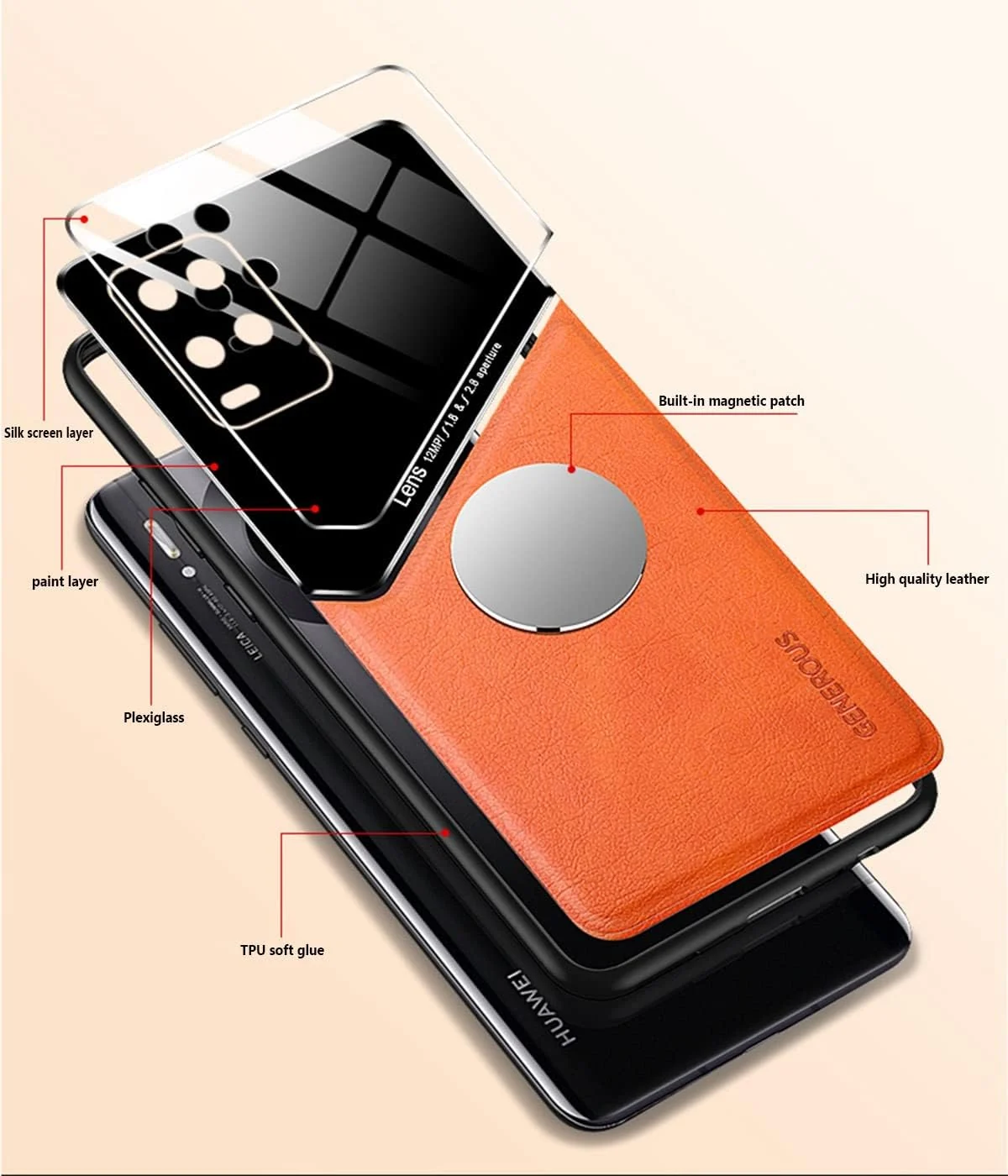 DL3 Mobilak Leather and PC Protective Case for Samsung Galaxy A05, Built-in magnetic car-mount support, Shock-absorbing protection, Raised edges around the screen and camera - Orange