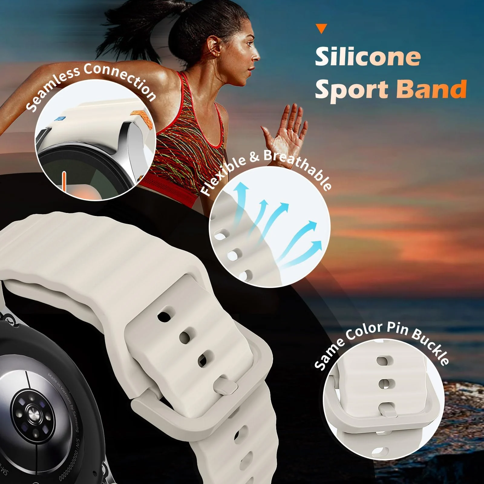 DL3 Mobilak No Gap Sport Bands For Samsung Galaxy Watch 7 6 5 4 FE Strap 40mm 44mm, Soft Silicone Sport Band for Galaxy Watch 6 Classic Straps 47mm 43mm/Galaxy Watch 5 Pro/Watch 4 Classic 42mm 46mm for Men Women - Starlight