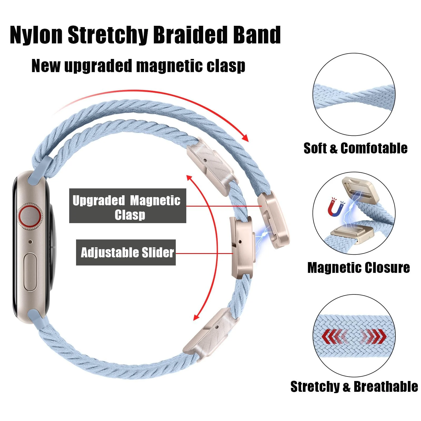 DL3 Mobilak Sport Solo Loop Compatible with Apple Watch Band 42mm 44mm 45mm 46mm 49mm for Women Men, Magnetic Strap Stretchy Braided Wristband for iWatch Series 11 10 9 8 7 6 5 4 3 Ultra 3 2 1 SE SE2 - Light Blue