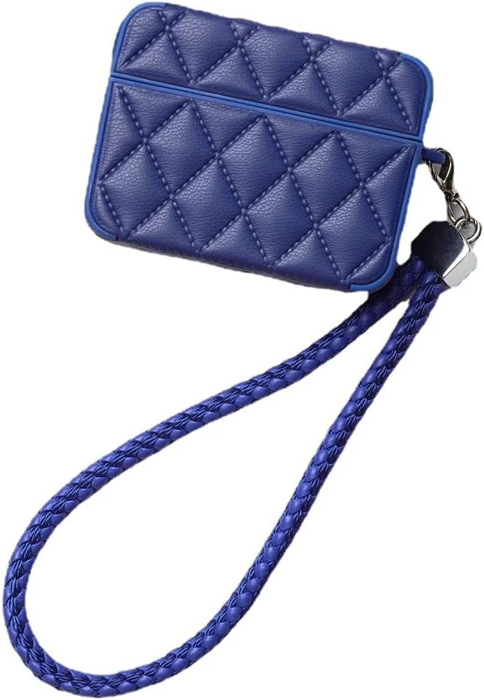 MOBIGON Diamond-Quilted PU Leather Case with Lanyard for Apple AirPods Pro 1 / 2, Blue