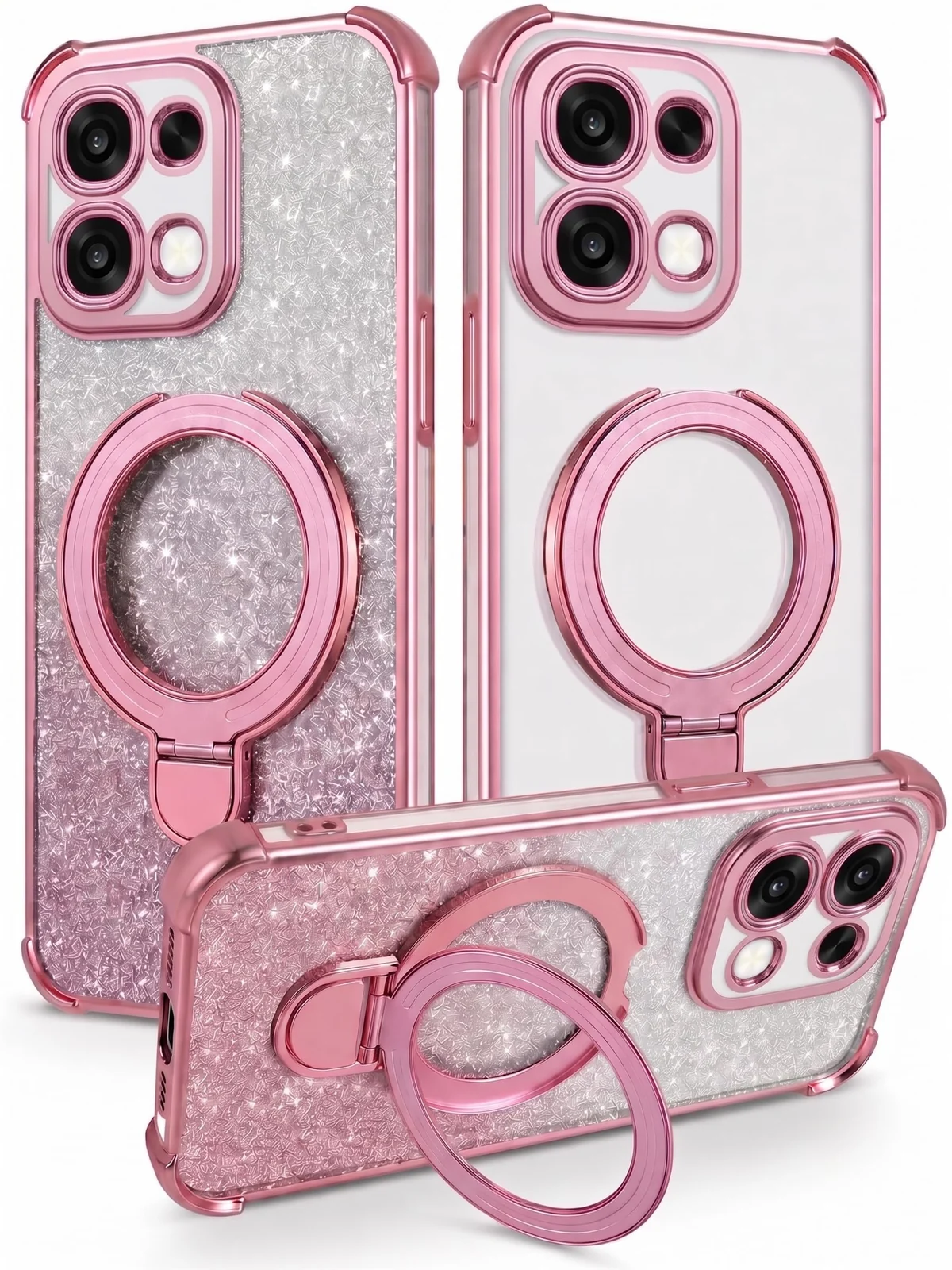 Mobigon Glitter Phone Case Compatible with OPPO A6 Pro, Magnetic Ring Stand Shockproof Cover, Clear Soft TPU Bumper with Full Camera Protection - Pink