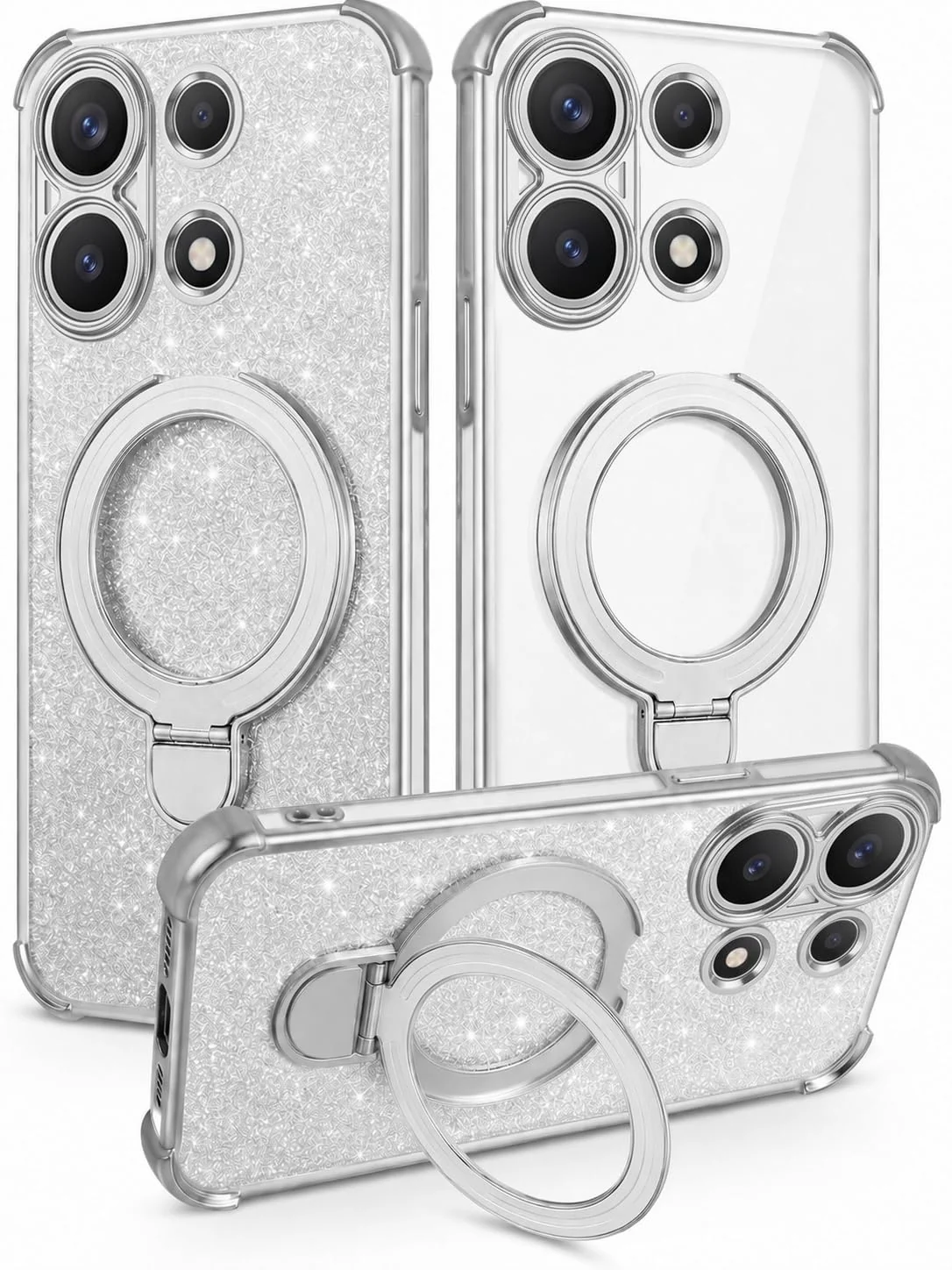 MOBIGON Glitter Phone Case with Magnetic Ring Stand for Xiaomi Redmi Note 13 4G, Silver