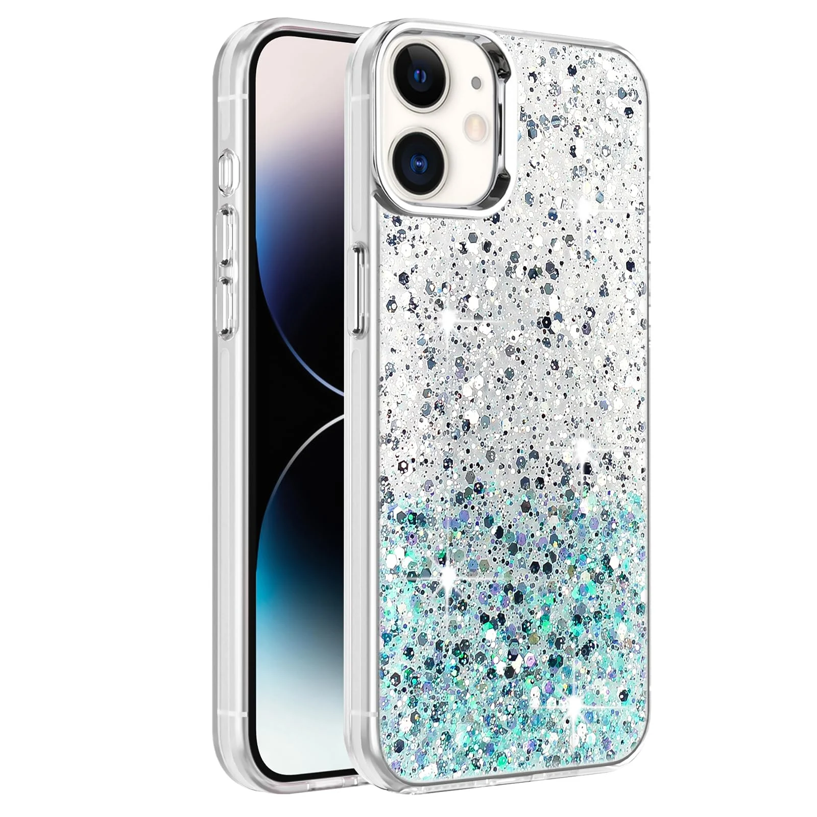 DL3 Mobilak Compatible with Apple iPhone 11 Case, Clear Glitter Bling Sparkly, Soft TPU Frame Bumper, Hard-Back Cover for Women & Girls, Transparent Protective Phone Case - White Green