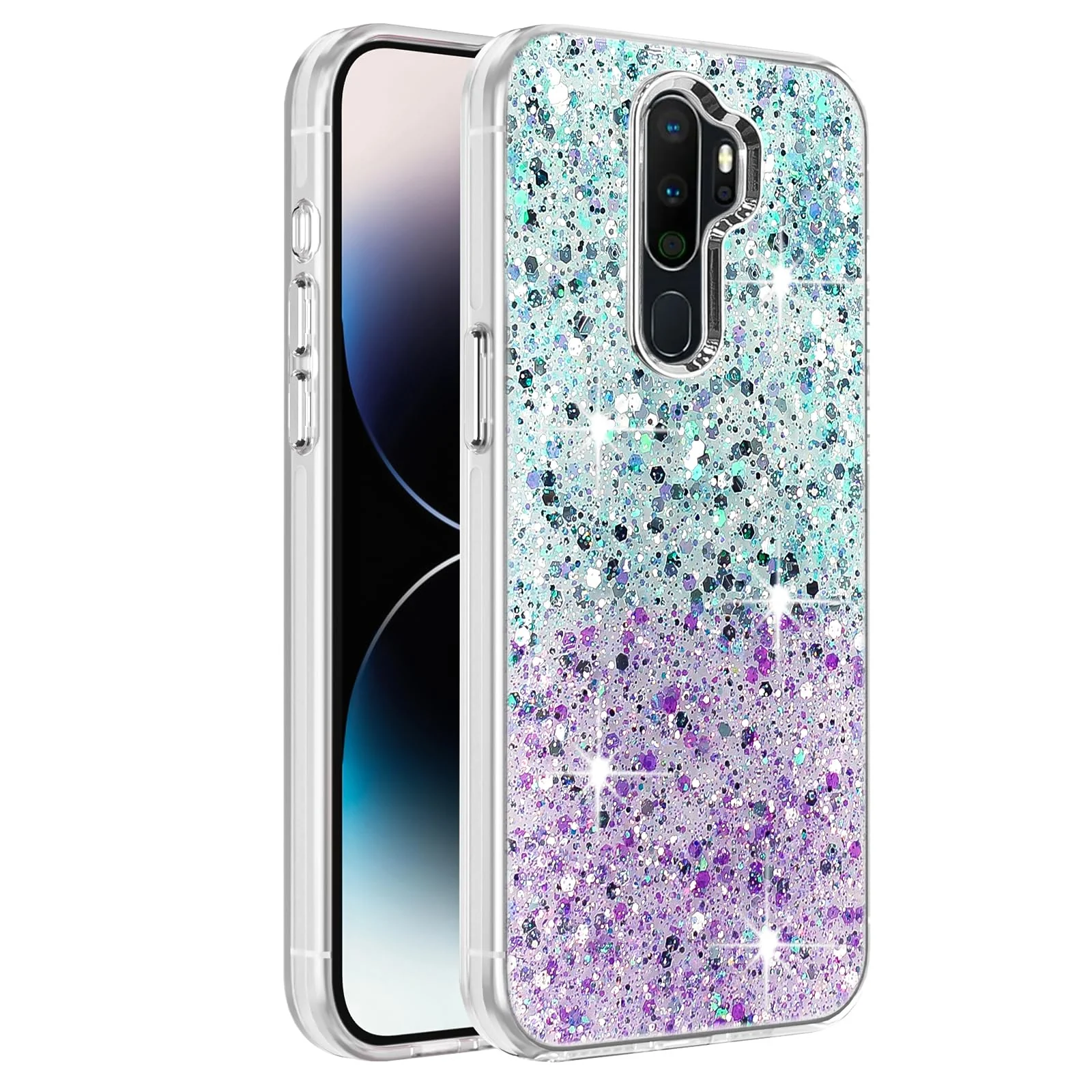 DL3 Mobilak Compatible with OPPO A9 2020 / OPPO A5 2020 Case, Clear Glitter Bling Sparkly, Soft TPU Frame Bumper, Hard-Back Cover for Women & Girls, Transparent Protective Phone Case - Green Purple